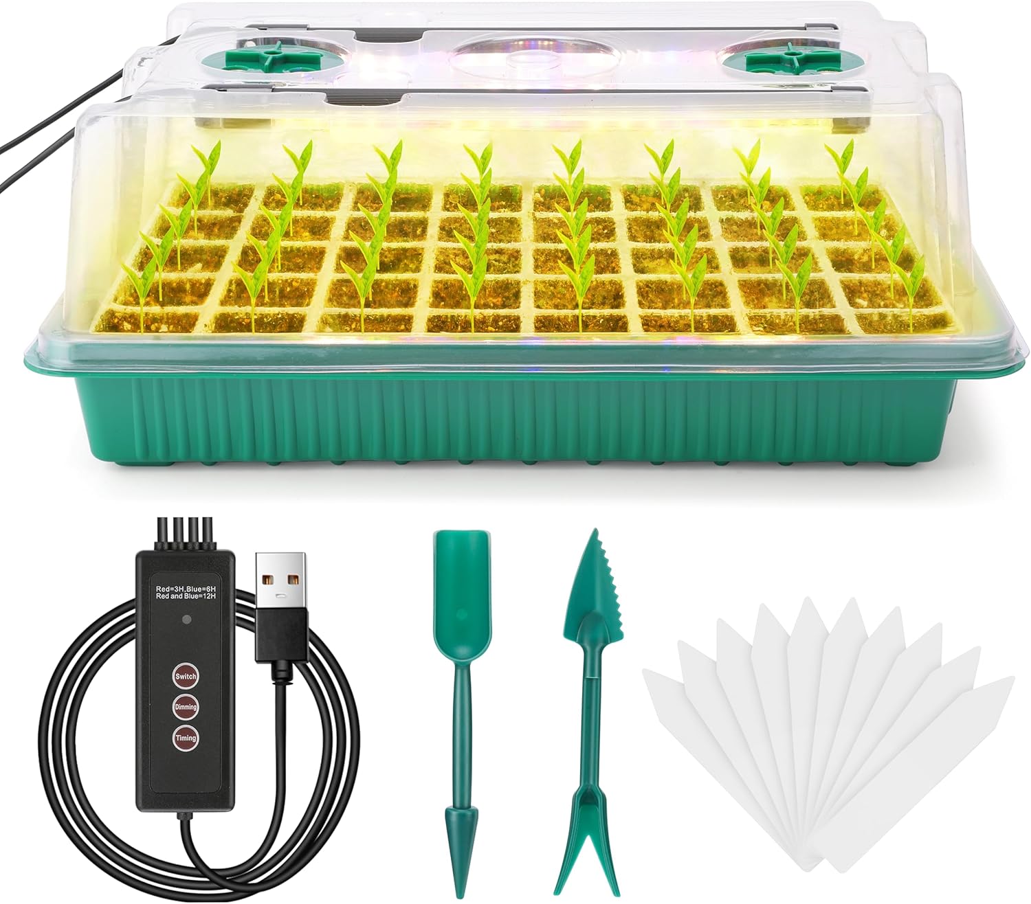 Ryscam Bandeja de inicio de semillas con luz de crecimiento, kit de inicio de semillas de 40 celdas, kit de bandejas de inicio de plántulas con