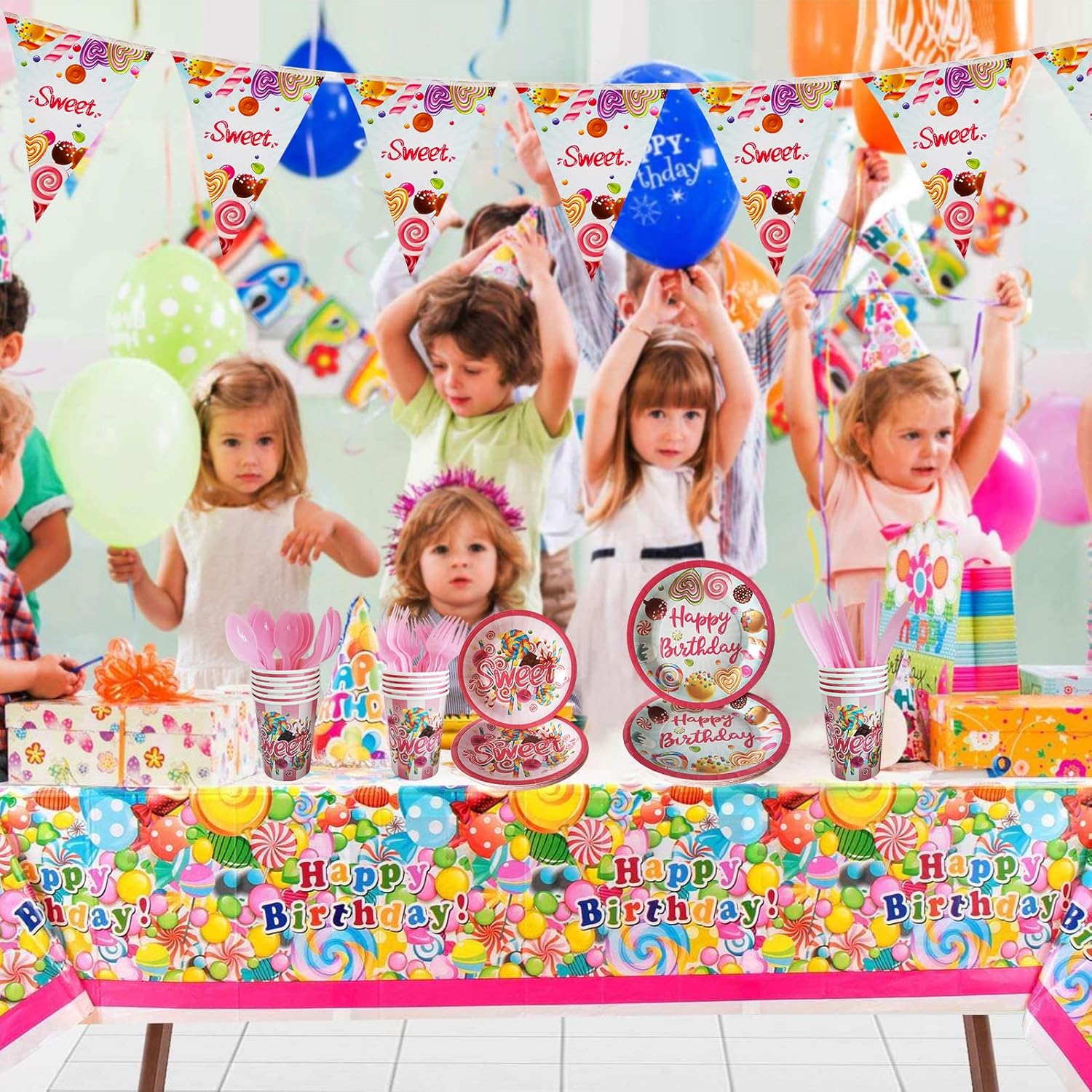 Rainmae Candyland Party Supplies – Juego de vajilla desechables con forma de dona, caramelos, servilletas, vasos, pancarta, para niñas, niños, baby
