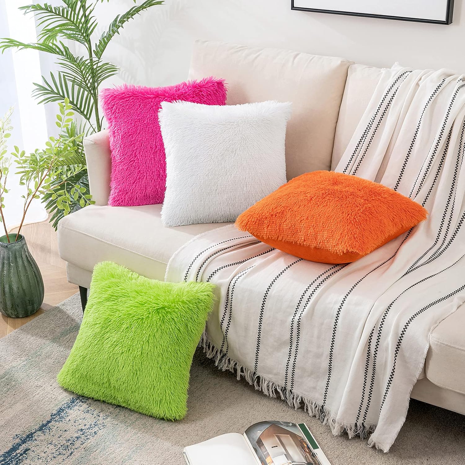 Woaboy Paquete de 2 fundas de almohada de piel sintética de lujo, decorativas, suaves y esponjosas, fundas de cojín cuadradas para sala de estar,
