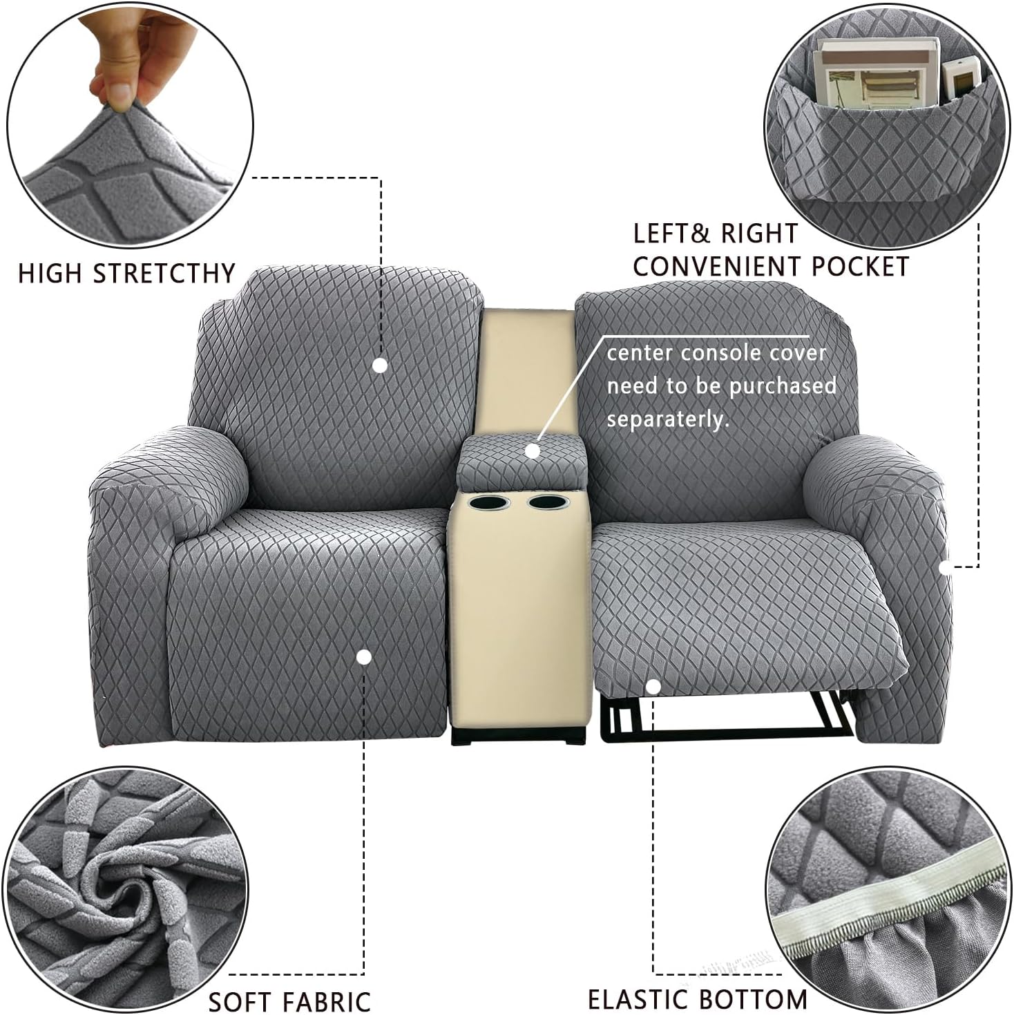 XUANZYANG Fundas elásticas para sofá biplaza reclinable, 6 piezas, fundas para sofá reclinable con bolsillos, fundas de sofá reclinable de jacquard,