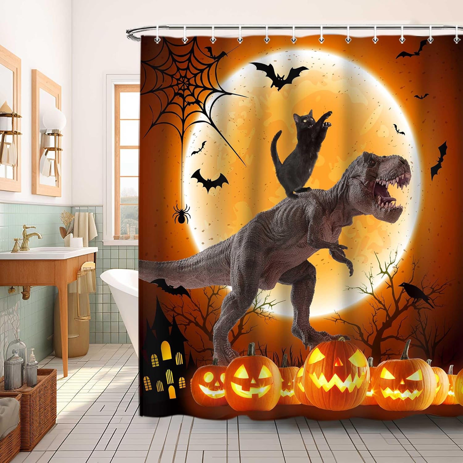 Cortina de ducha de gato de Halloween, divertido juego de cortina de ducha de dinosaurio para niños con temática de gato negro, diseño de decoración
