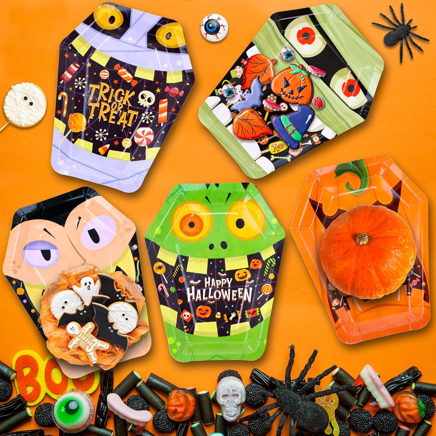 Platos de papel desechables de Halloween, 80 platos llanos de ataúd de 10 x 8 pulgadas, suministros de fiesta de comida de Halloween, 5 patines para