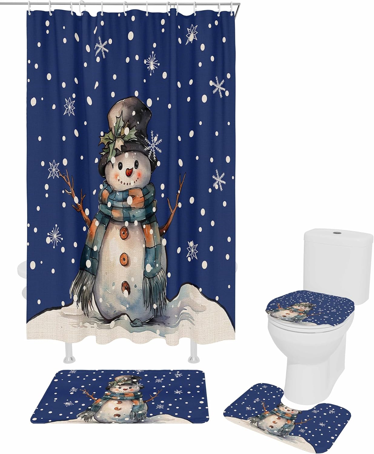 4 Pcs Shower Curtain Set Bathroom Sets, 72″x72″ Absorbent Non-Slip Bathroom Rugs Bath Mat and Toilet Lid Cover, Christmas Snowman Snowflake Blue