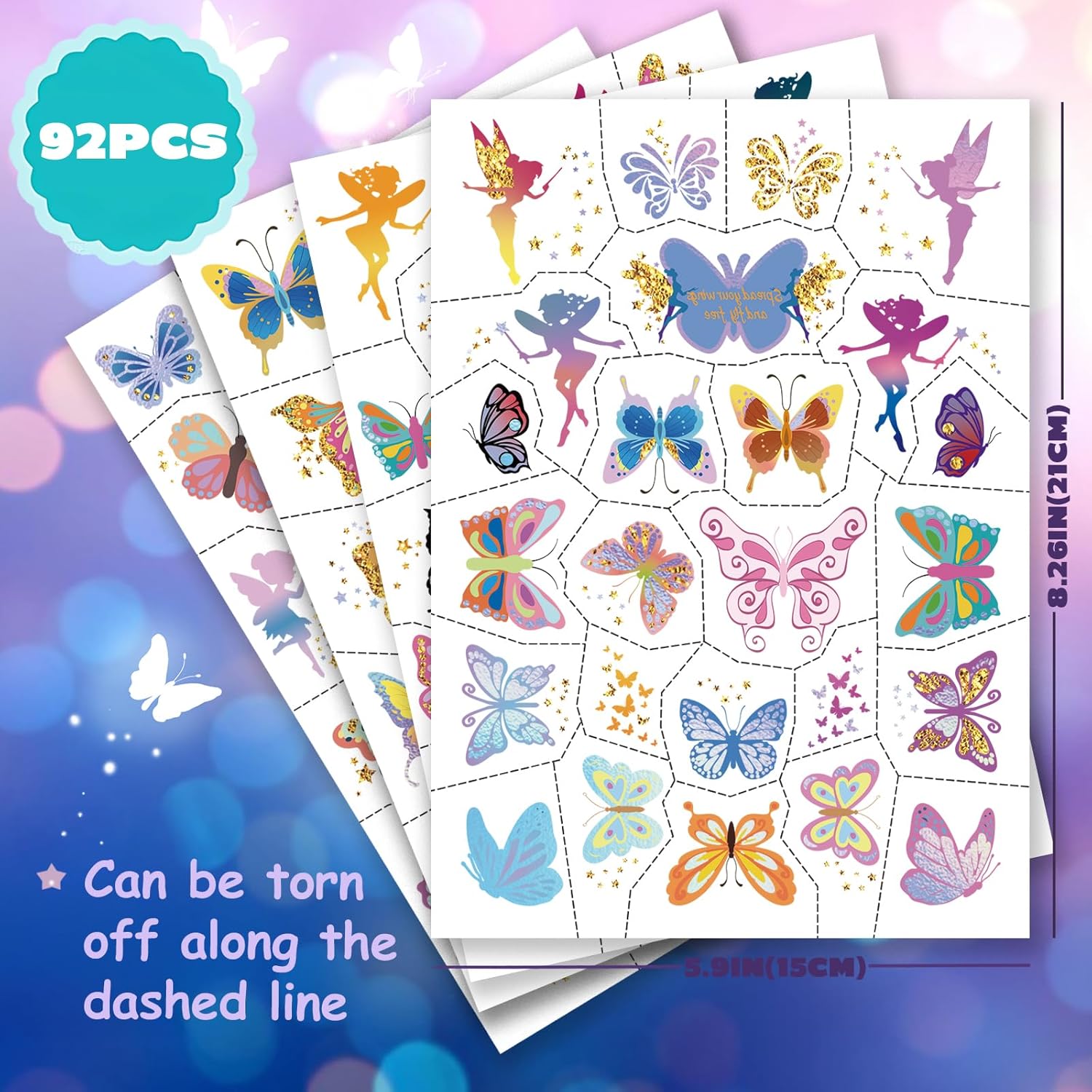 Tatuajes temporales impermeables  92 piezas de tatuajes falsos de mariposa Groovy para niños, calcomanías de fiesta, suministros de maquillaje,