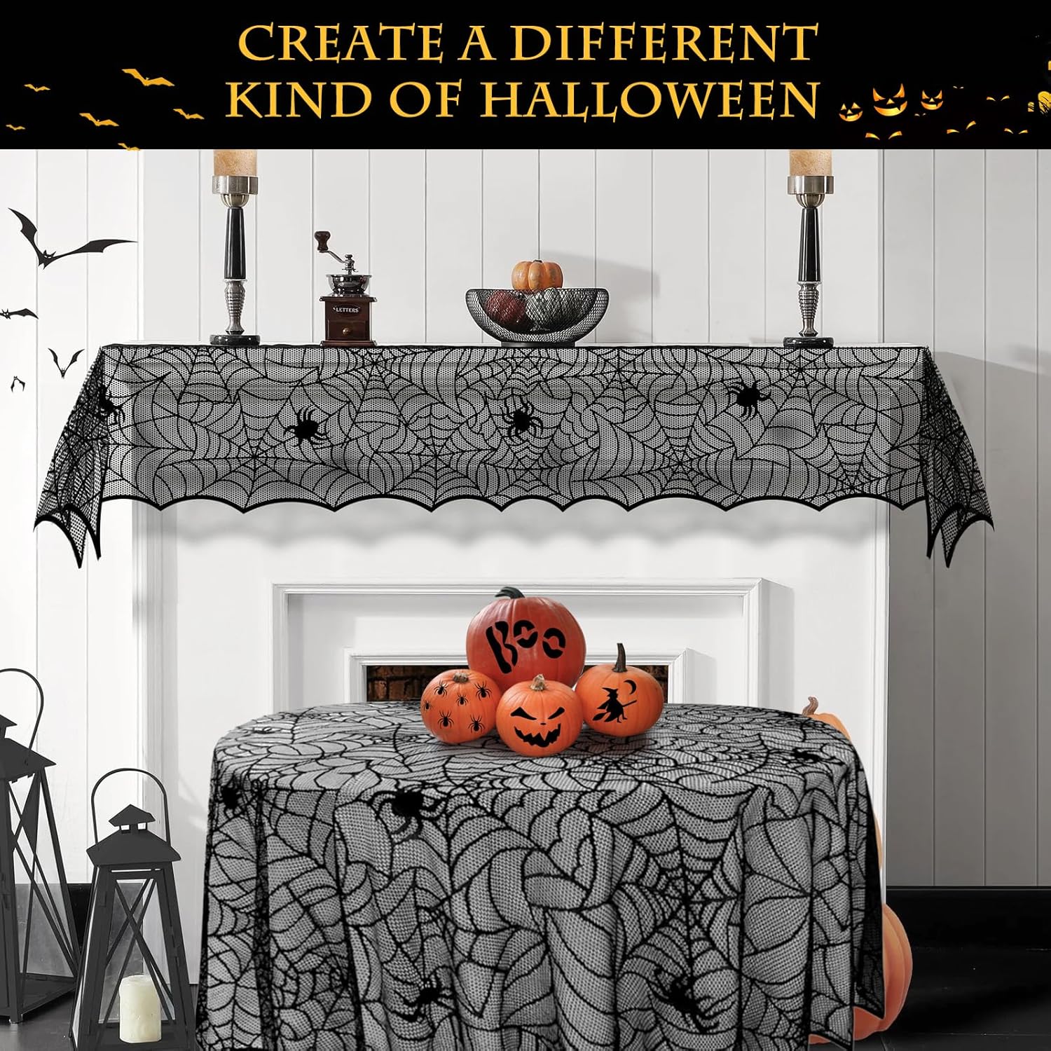 BUHUA Decoración de mantel negro de Halloween, mantel de tela de araña de encaje, funda de mesa redonda de Halloween para suministros de fiesta en