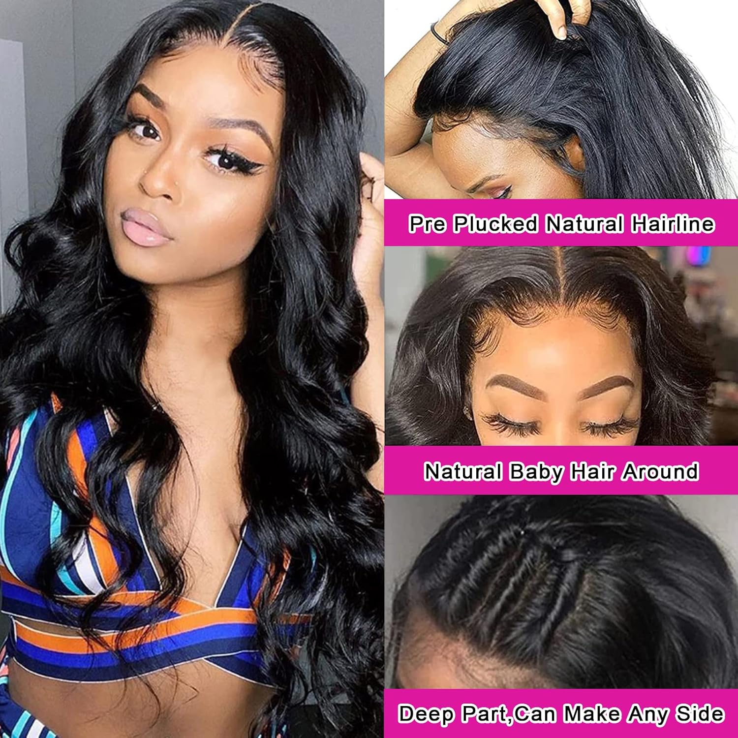 Aicrelery Peluca de encaje frontal ondulado negro natural de 13 x 4, cabello virgen brasileño 100% sin procesar, prearrancado con abuelitos,