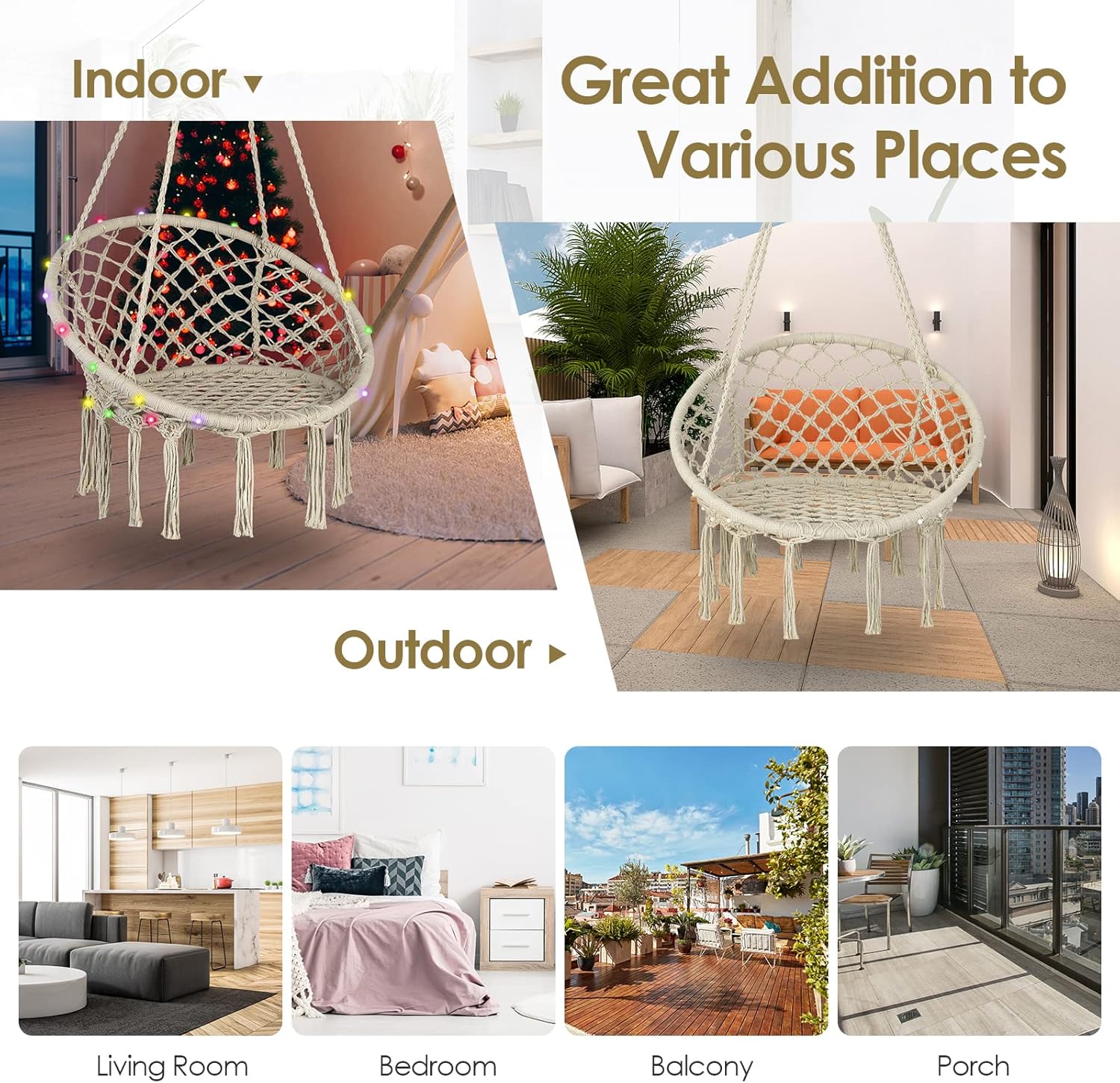 Tangkula Silla hamaca con luces, columpio de macramé con borlas, cuerda de algodón tejida a mano, estilo bohemio para interiores y exteriores, silla