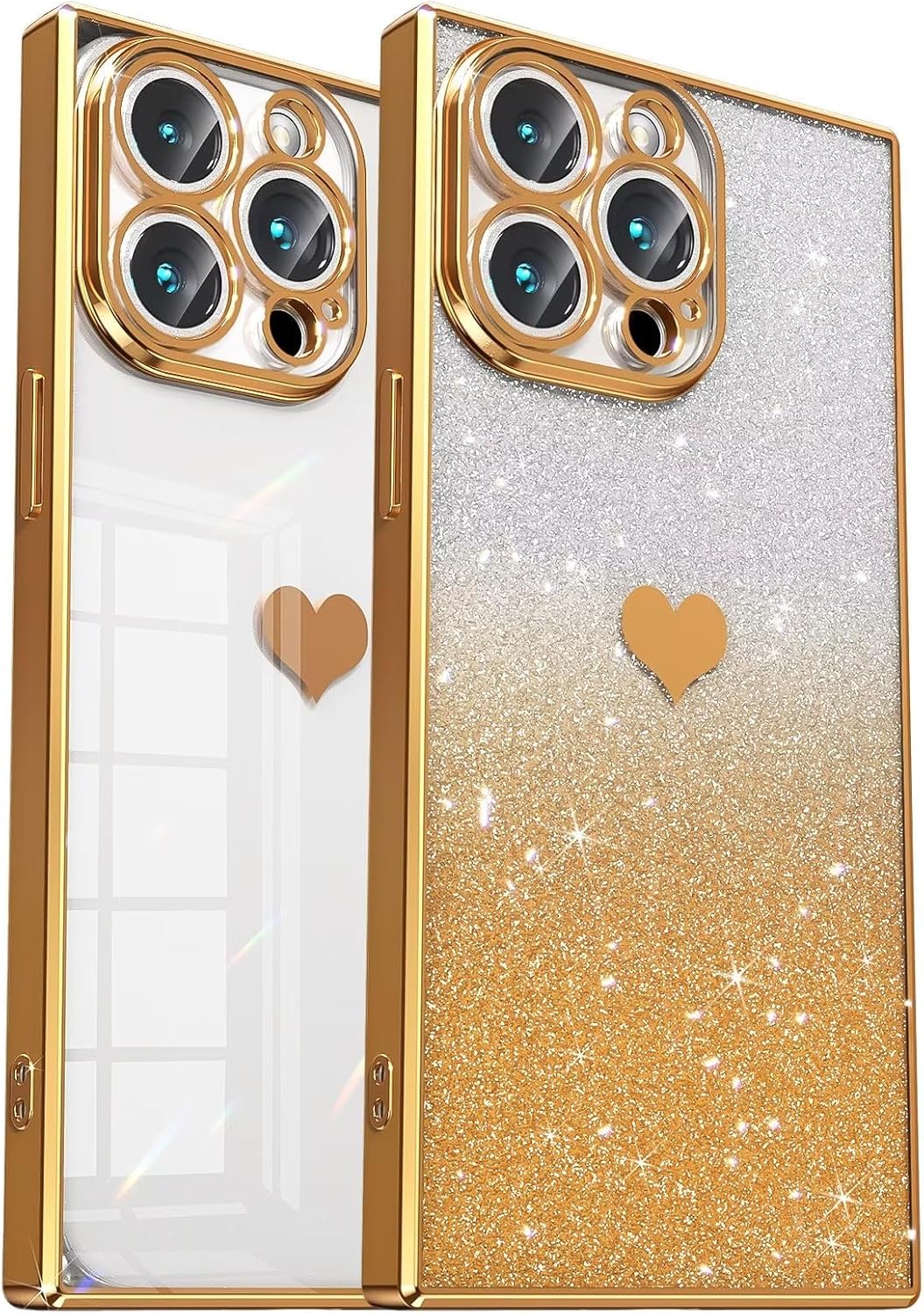 Tzomsze Funda compatible con iPhone 15 Pro con purpurina degradado, transparente y brillante con bonito patrón de corazón, protección completa de
