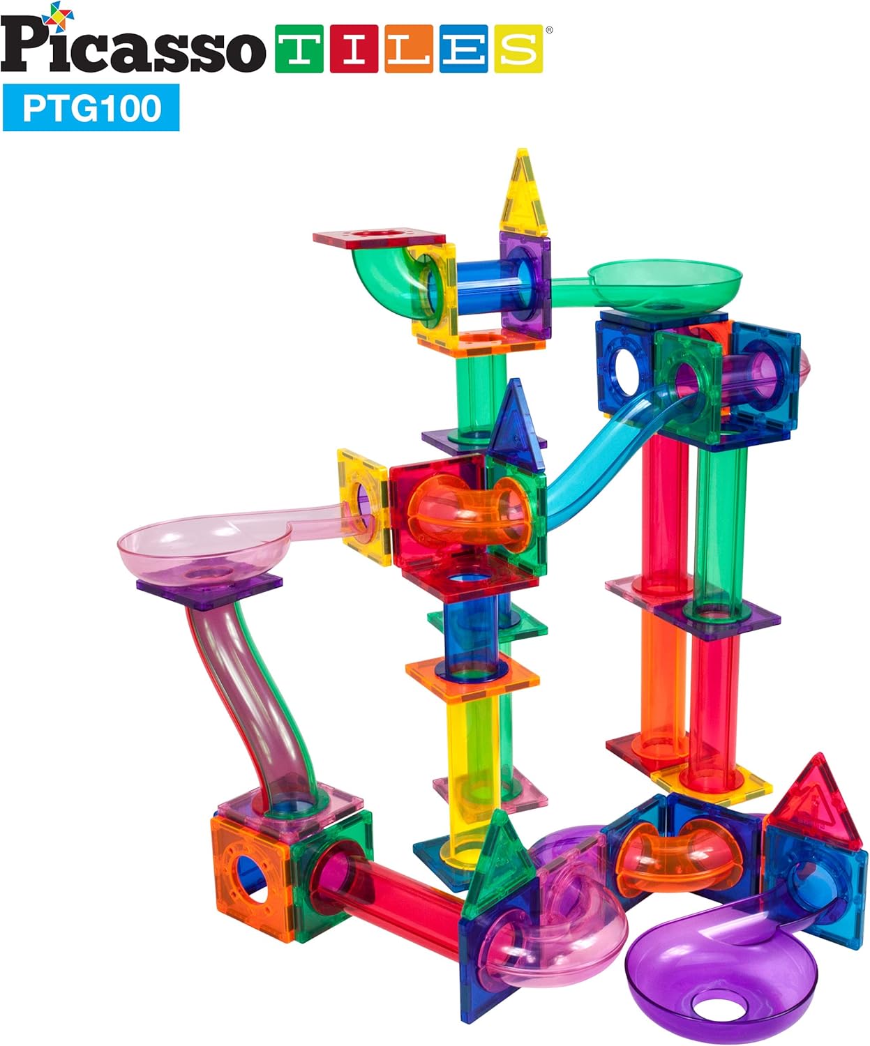 PicassoTiles Paquete de 100 piezas de pista de carreras de canicas + estuche de transporte juego educativo STEAM para niños, incluye organizador de