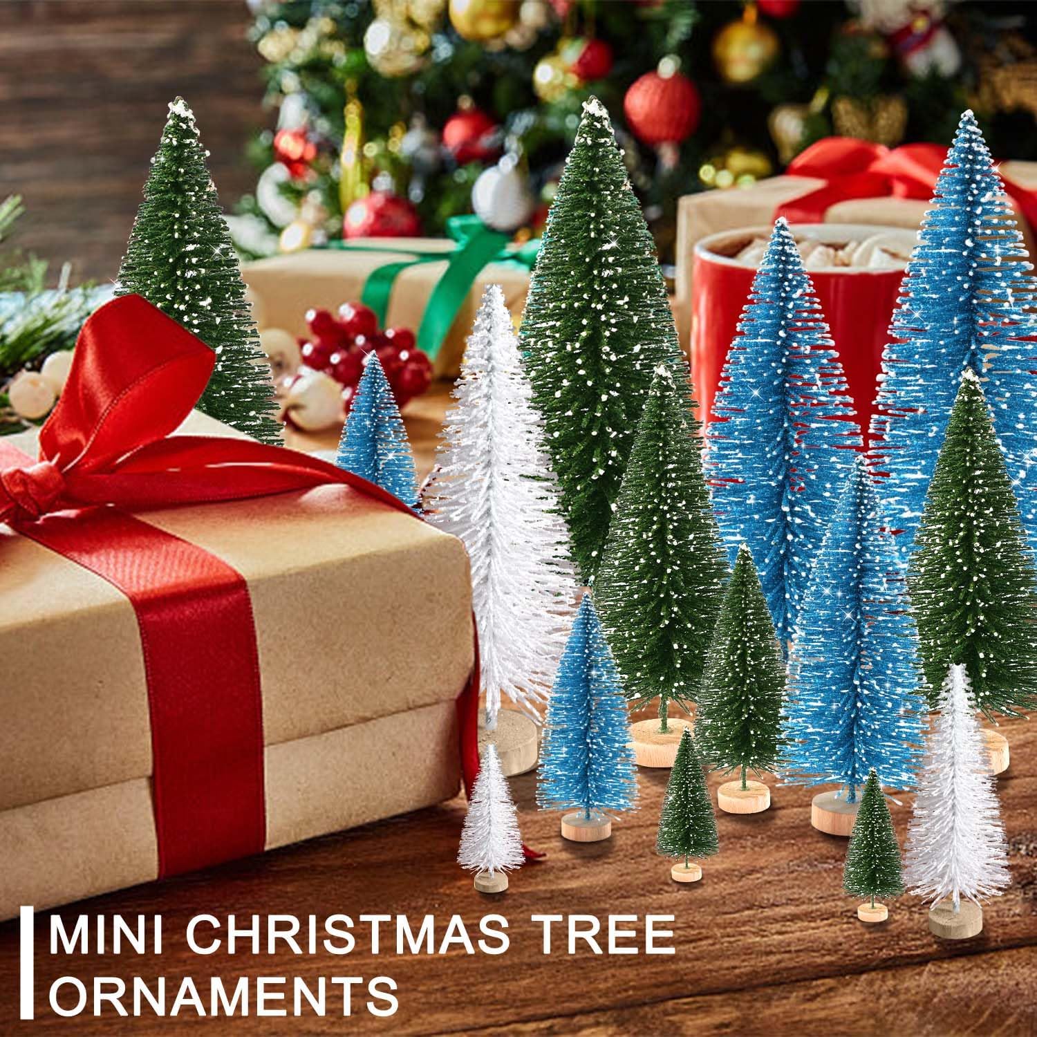 30 piezas de mini árboles de Navidad artificiales para árbol de Navidad, árboles de cepillo con base de madera para decoración de Navidad, fiesta de