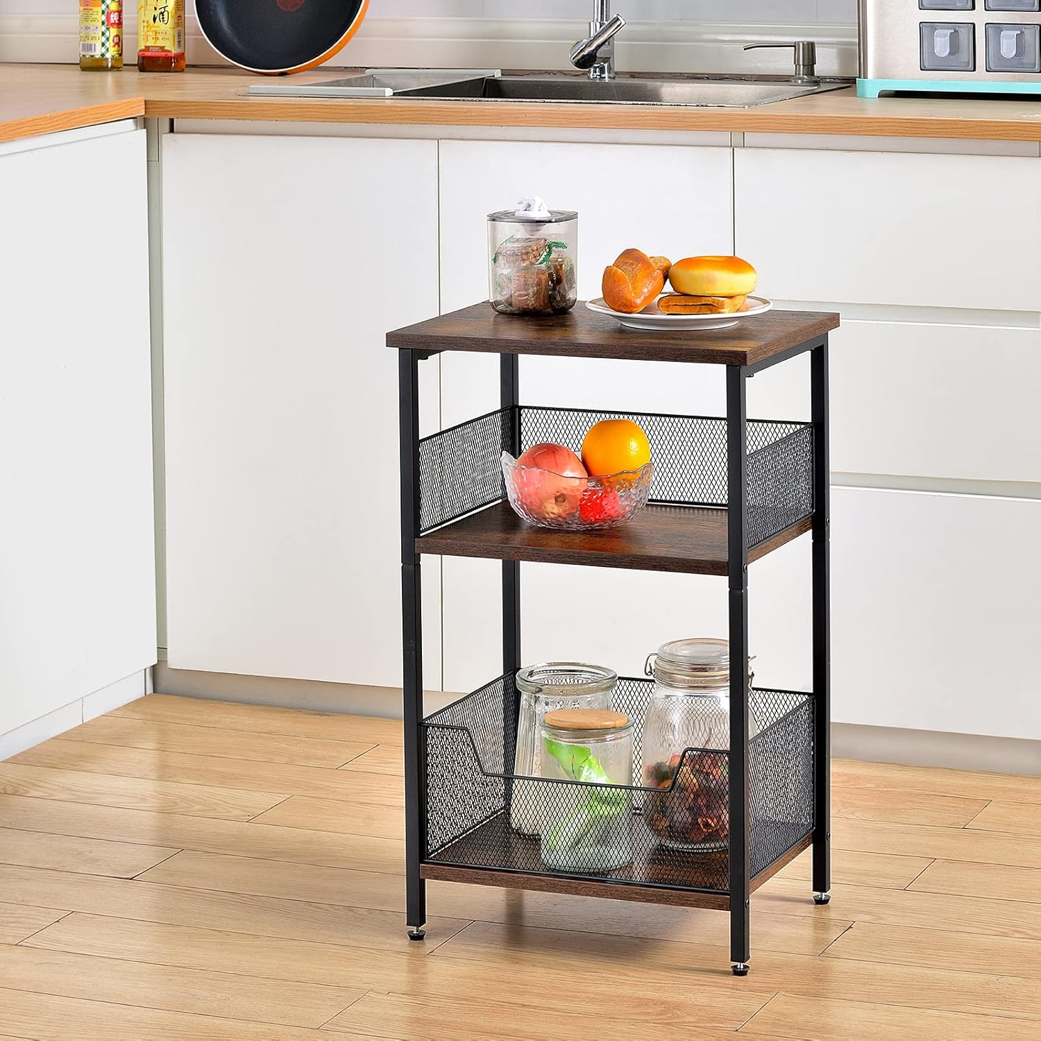 Mesa auxiliar de 3 niveles, mesa auxiliar industrial retro pequeña, soporte de estante pequeño con espacio de almacenamiento, mesa de estante de