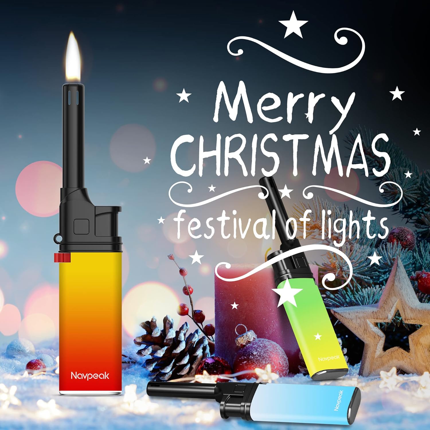 Navpeak Mini encendedor de velas, colorido juego de encendedores multiusos con varita extendida, práctico gas recargable para cocina, chimenea, luz
