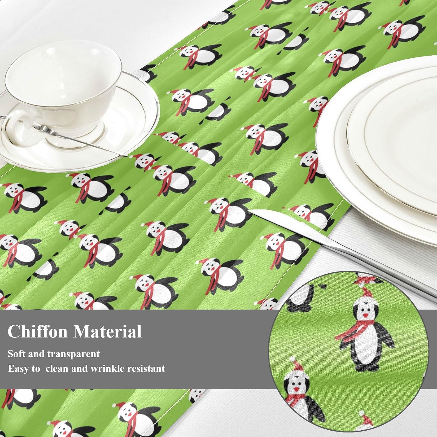 Camino de mesa de otoño verde de pingüino navideño para decoración de mesa de comedor, camino de mesa de Navidad, 108 pulgadas de largo