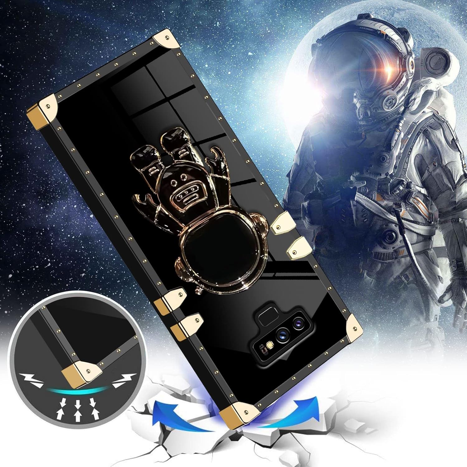 Funda protectora de TPU con soporte oculto de astronauta para Samsung Galaxy Note 9, chapado en 6D, diseño de astronauta, diseño de dibujos