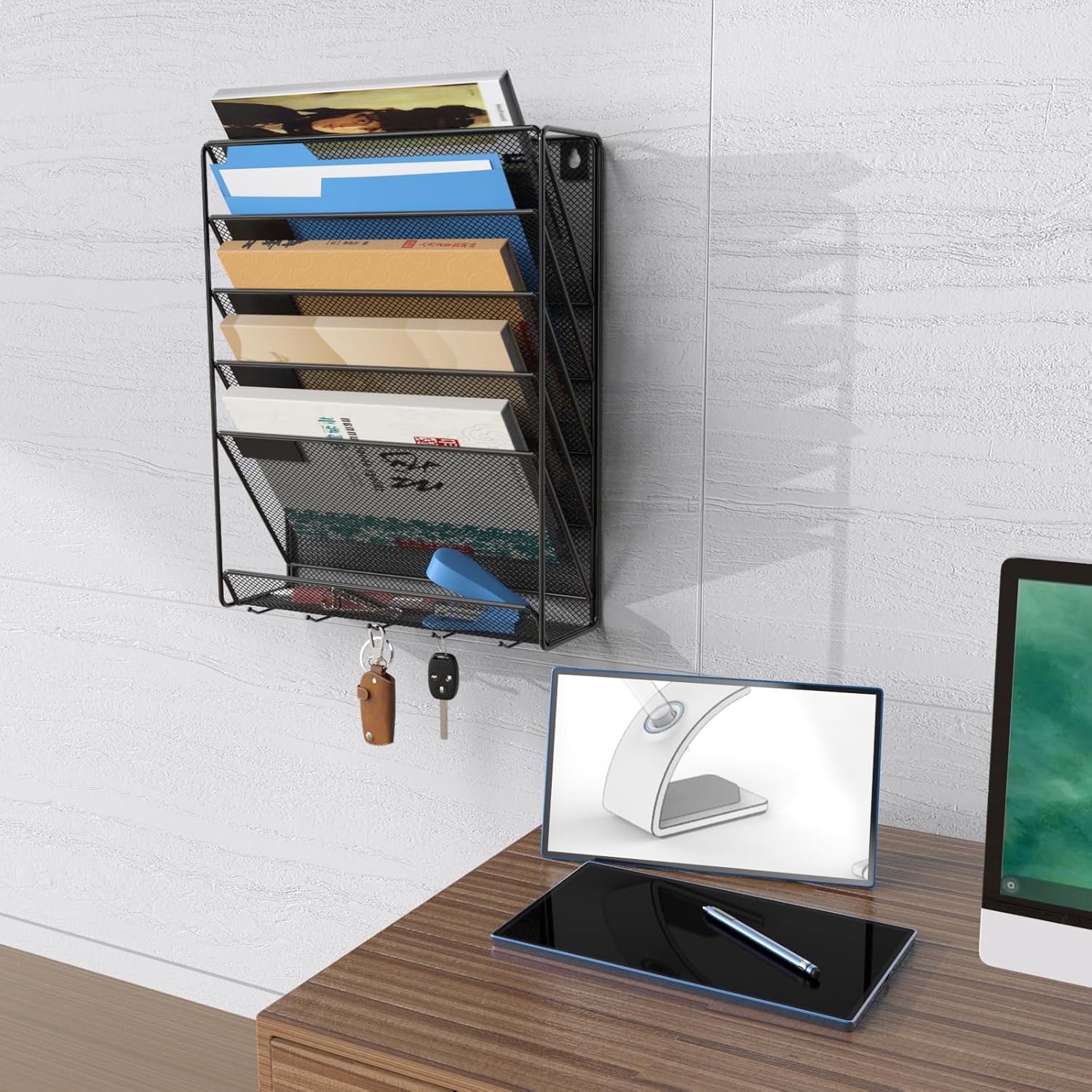 samstar Organizador de archivos de pared con ganchos, 6 niveles de montaje en pared, organizador de archivos colgante, estante vertical para