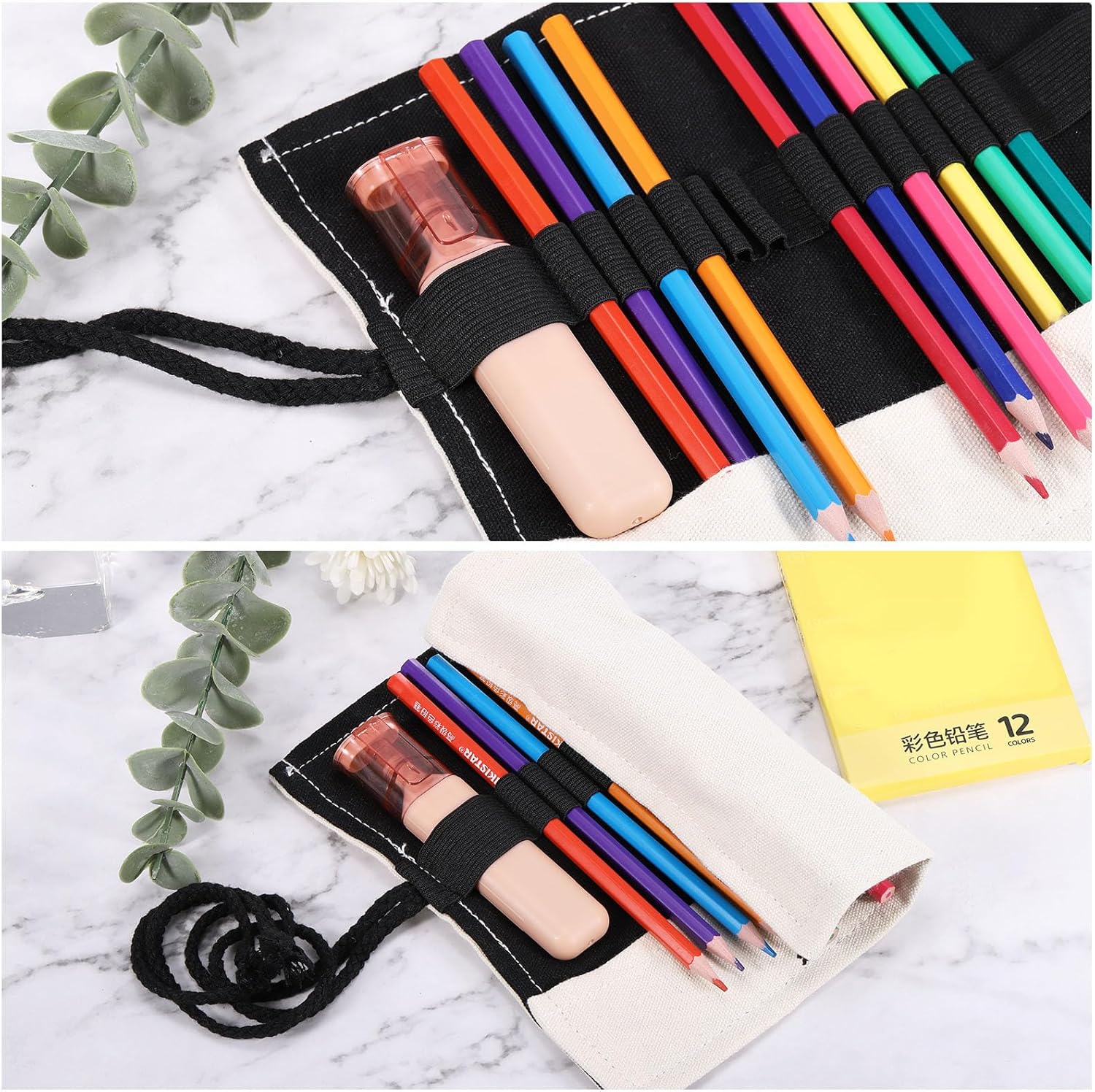 PATIKIL Estuche enrollable hecho a mano con 48 ranuras, estuche de lona para lápices, organizador para dibujar, colorear, bocetos, color blanco