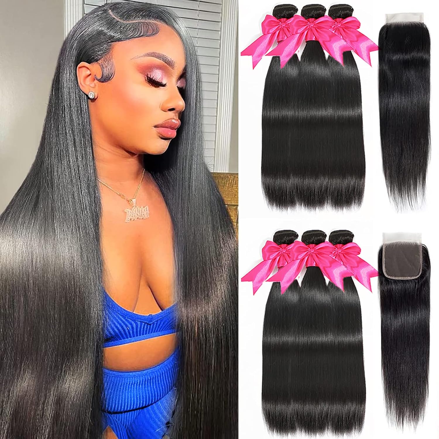 Paquetes de cabello humano brasileño lacio con cierre de 24, 26, 28+22, paquetes de cabello humano brasileño con cierre, 100% sin procesar,