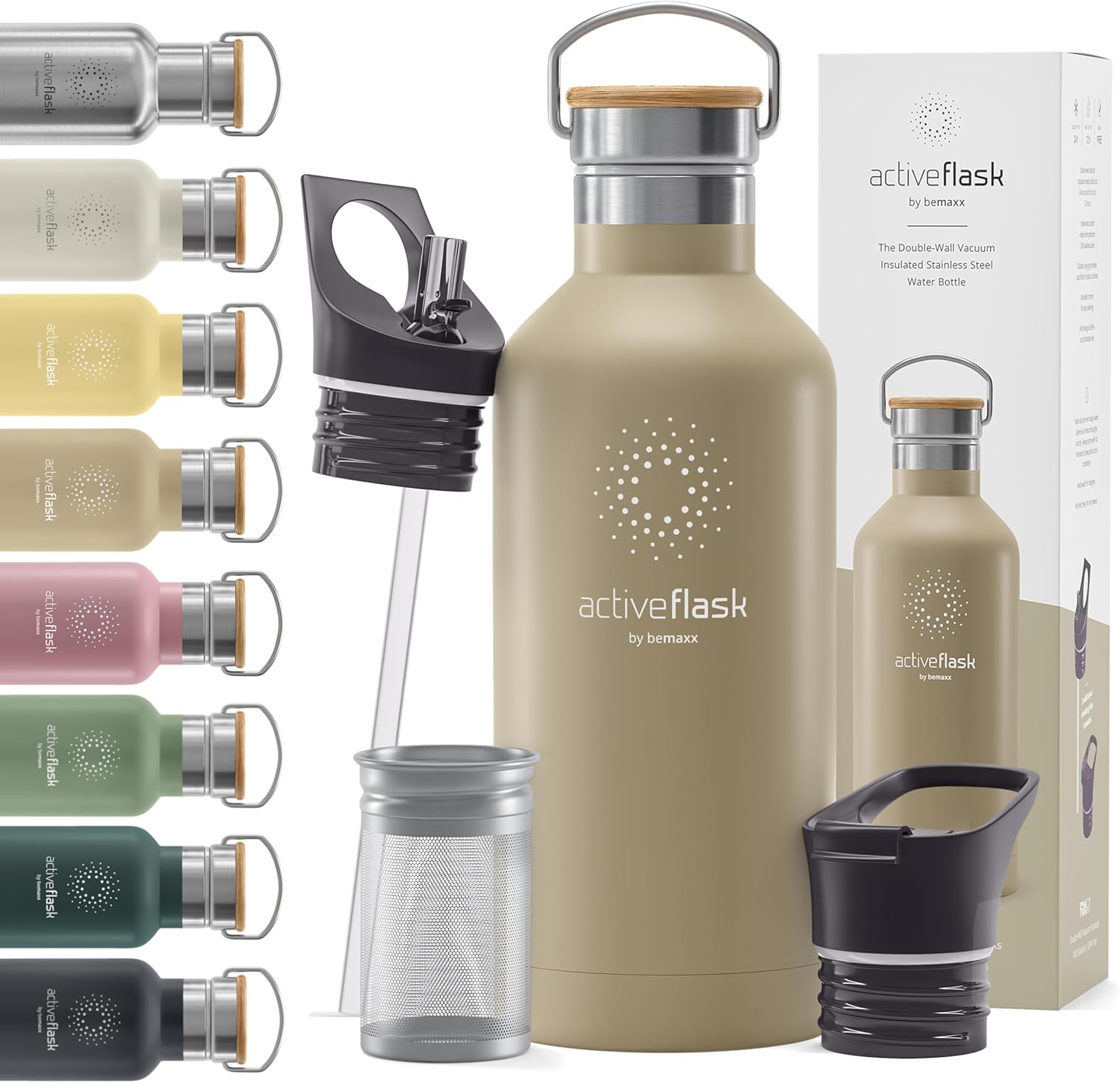 Botella de agua de acero inoxidable con popote (3 tapas), sin BPA, a prueba de fugas, adecuada para bebidas carbonatadas, botella de agua,