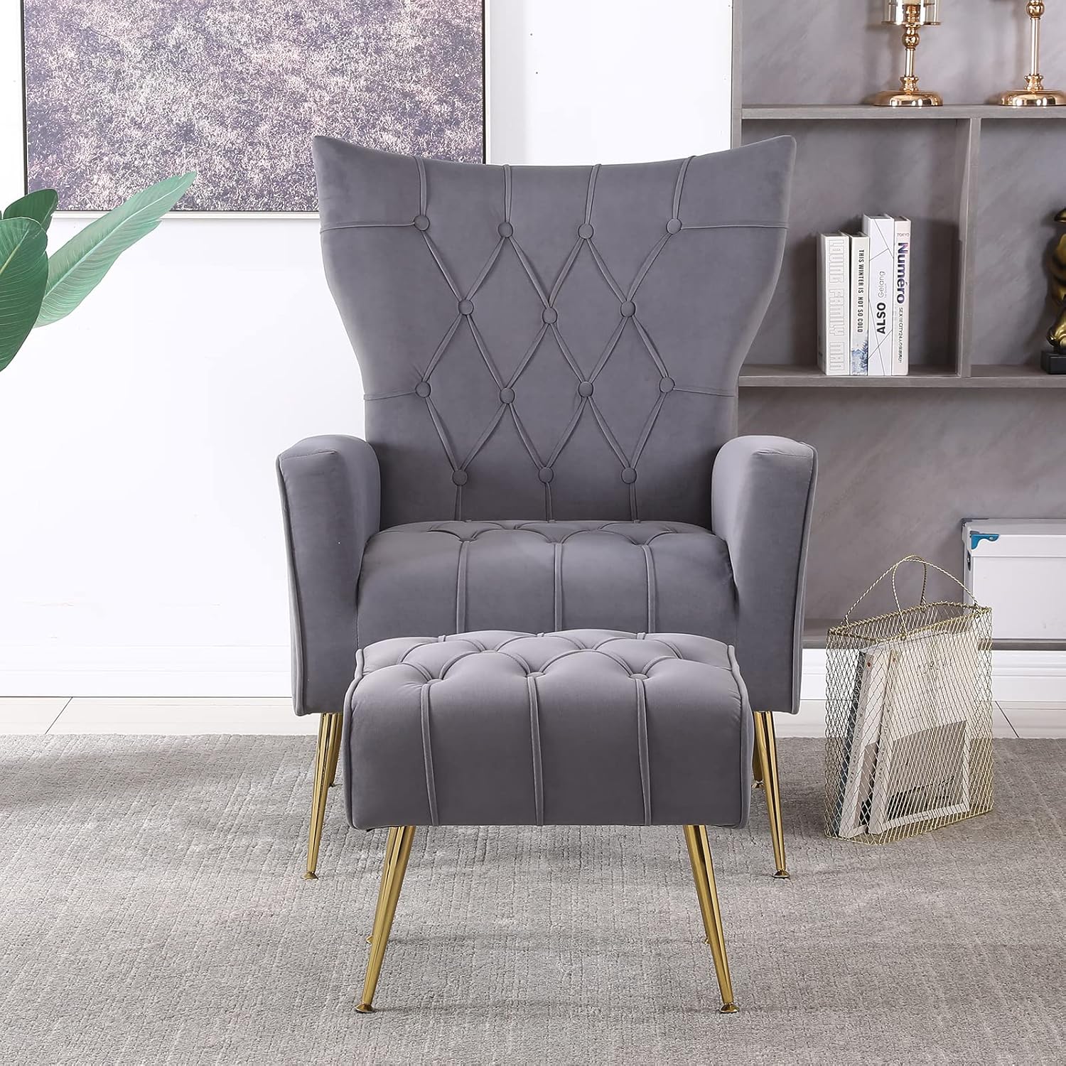 Silla decorativa moderna de terciopelo con otomana, elegante sillón con respaldo de ala con patas de metal dorado, cómodo sofá tapizado individual