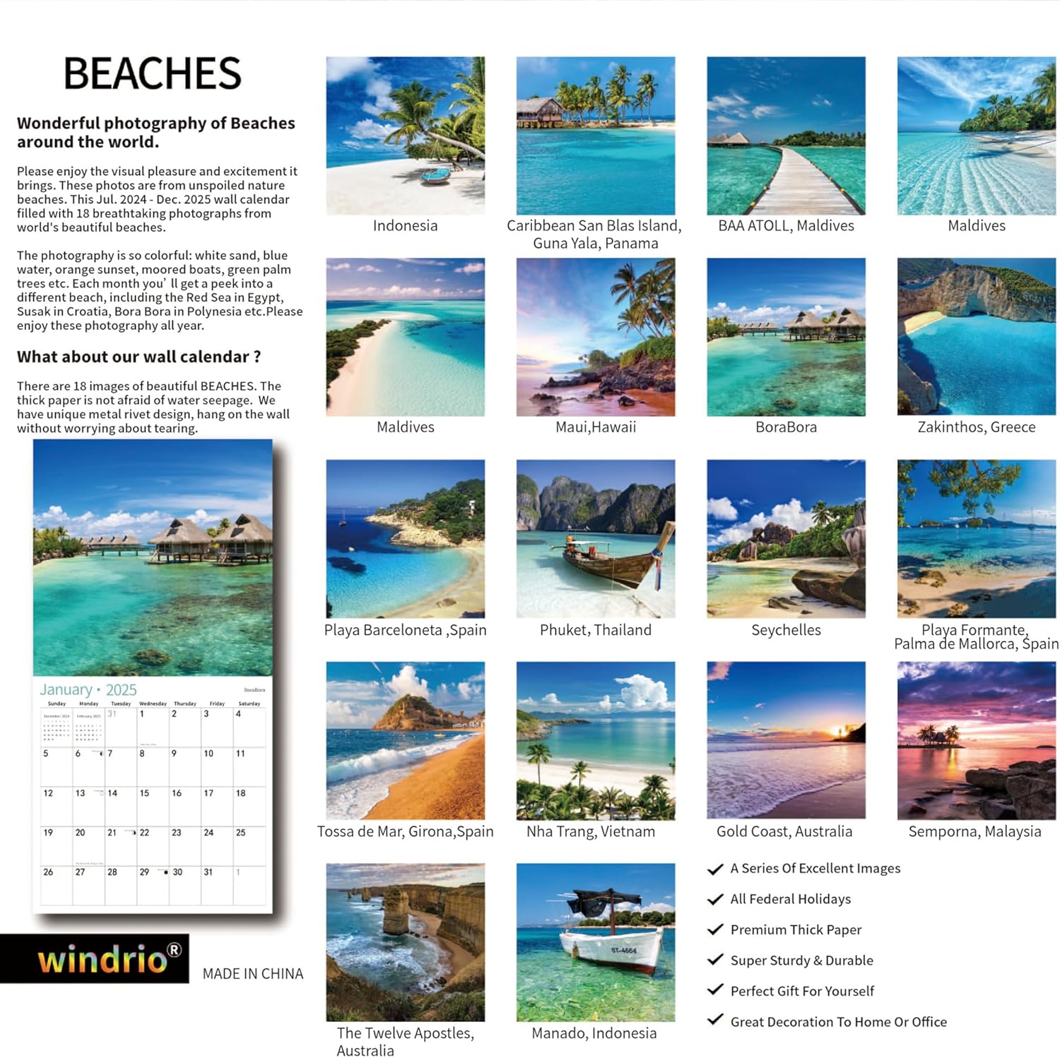 Calendario de pared 2024 2025, julio de 2024 a diciembre de 2025, calendario de pared de playas, 12 x 24 pulgadas abierto, página completa, papel