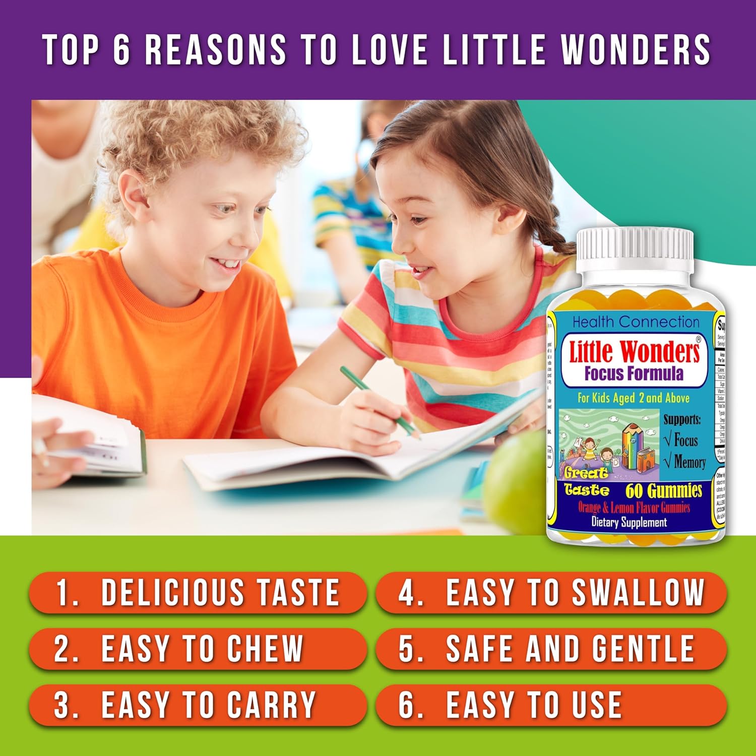 Little Wonders – Suplemento de refuerzo cerebral para niños, gomitas de concentración para adolescentes, concentración de apoyo, gomitas nootrópicas