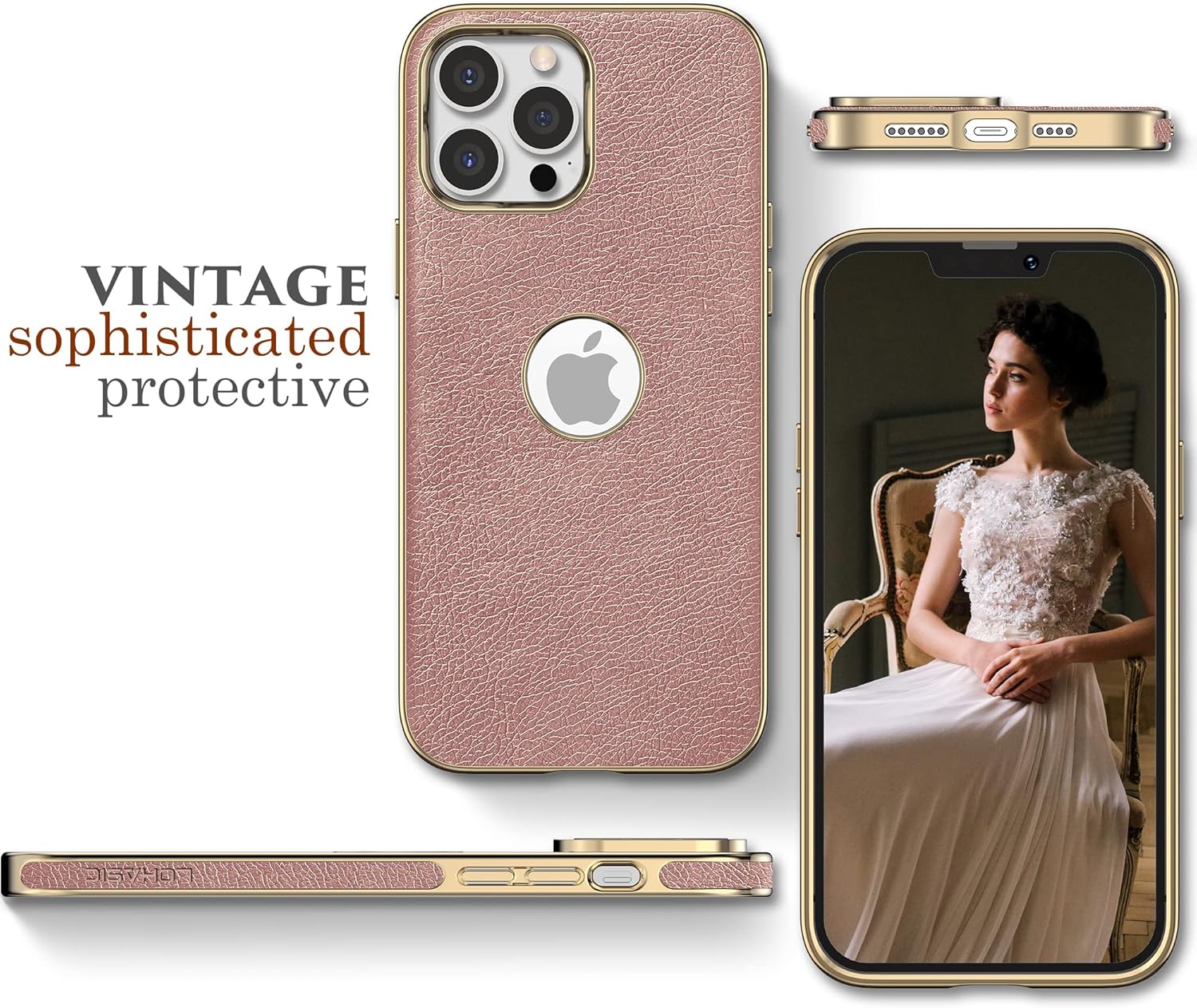 LOHASIC Funda para iPhone 14 Pro Max, vista de logotipo, piel sintética vintage de lujo, elegante funda de teléfono ProMax para mujeres y niñas,