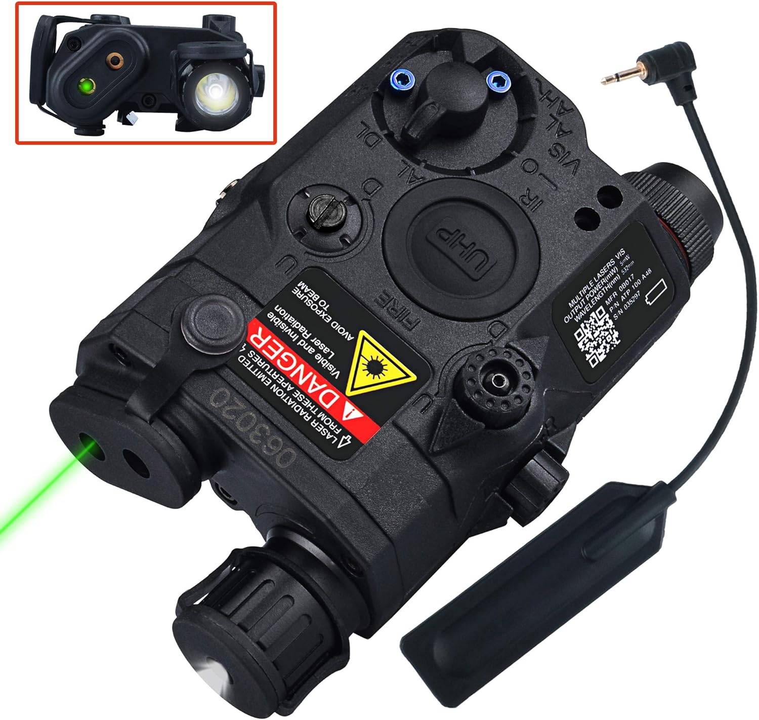 ActionUnion Airsoft PEQ 15 IR Laser PEQ Box Linterna blanca + mira láser verde con versión de actualización IR caja de batería para AEG GBB CQB