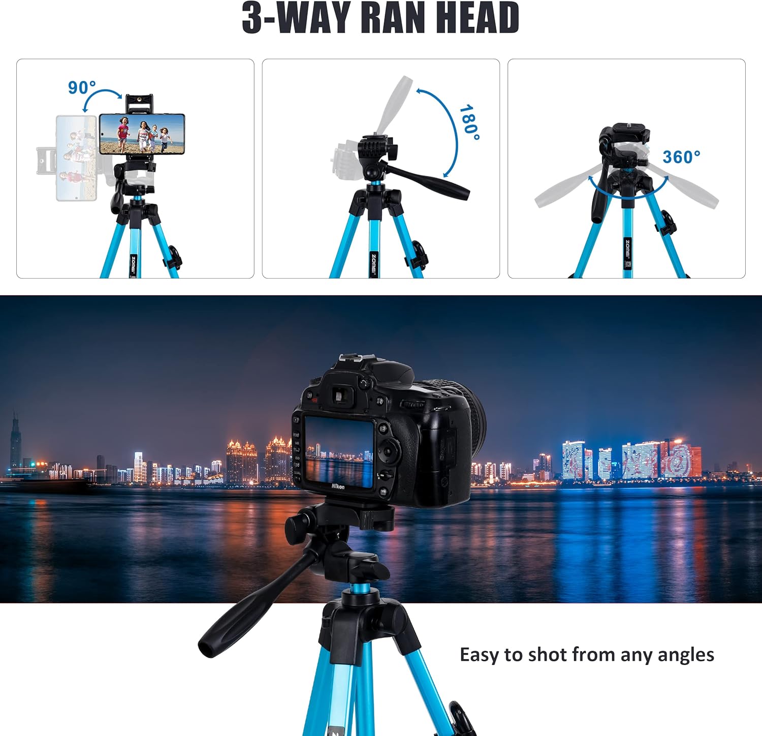 Trípode para teléfono, trípode de video de 54 pulgadas con cabeza panorámica de 360 grados, tornillo de 14 pulgadas, soporte para teléfono y tableta