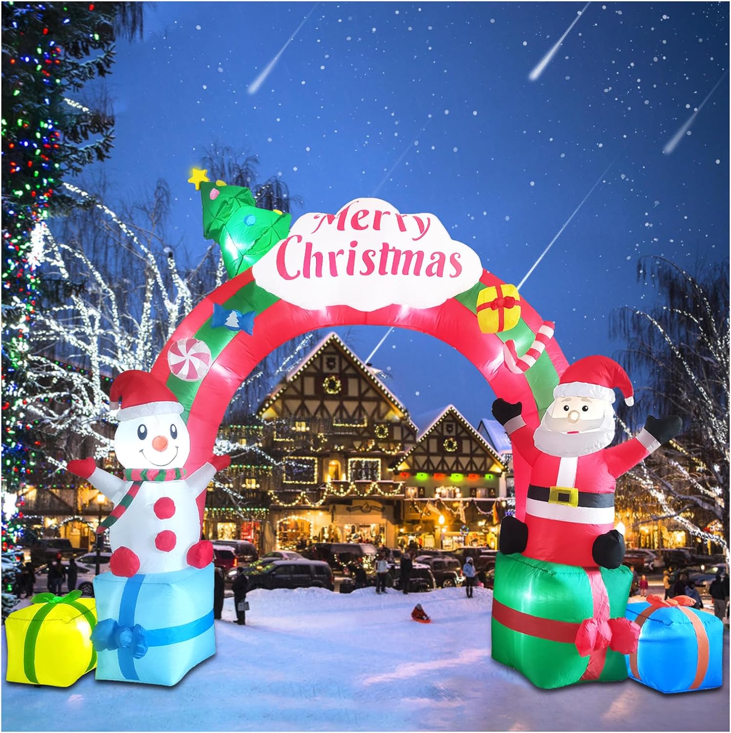 Arco inflable de Navidad de 12.5 pies, Papá Noel inflable y muñeco de nieve sentado en cajas de regalo, arco de Navidad inflable para decoración de