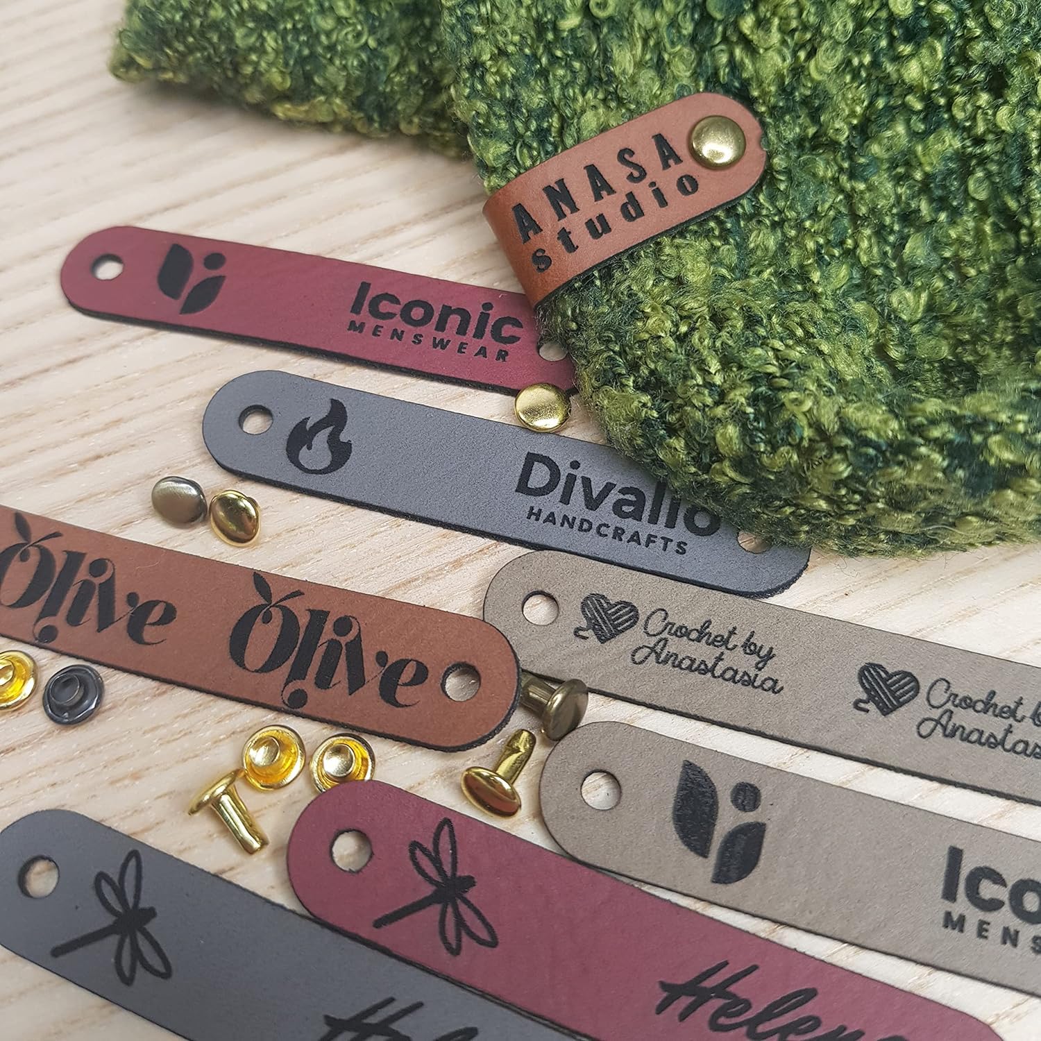 Customized 2.5 x 0.5 in Faux Leather Product Tags With Rivets Personalized Tags for Knitting and Crochet, Cute Labels Handmade Perfect for Hats