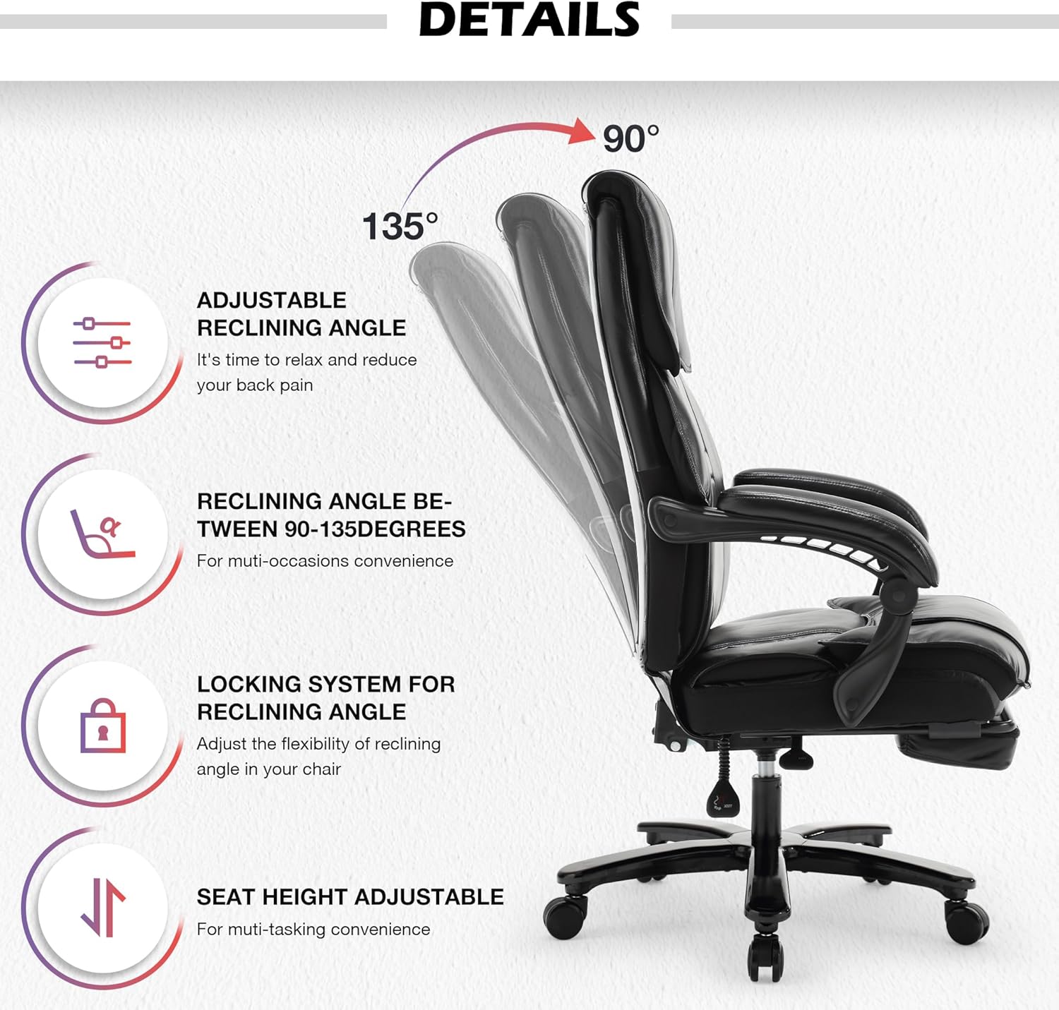 Bosmiller Silla de oficina grande y alta de 500 libras, asiento ancho para personas pesadas con ruedas silenciosas, base de metal resistente,