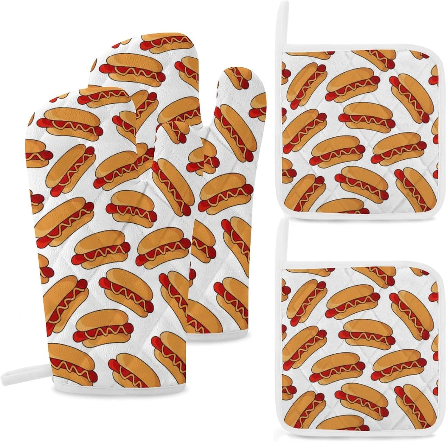 Juego de 4 manoplas de horno y soportes para ollas para perros calientes, resistentes al calor, guantes antideslizantes, decoración de cocina para