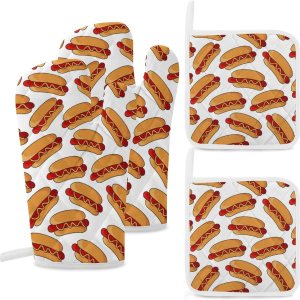 Juego de 4 manoplas de horno y soportes para ollas para perros calientes, resistentes al calor, guantes antideslizantes, decoración de cocina para Juego de 4 manoplas de horno y soportes para ollas para perros calientes, resistentes al calor, guantes antideslizantes, decoración de cocina para