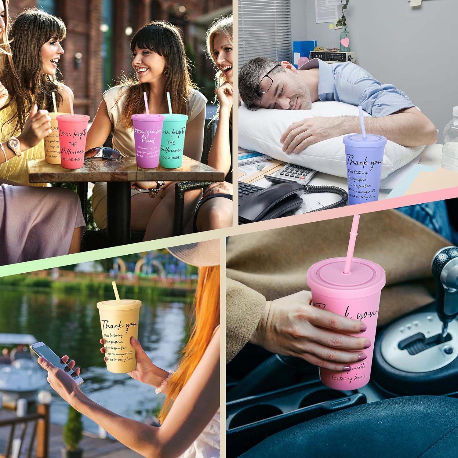 Mumufy 24 vasos delgados de agradecimiento a los empleados de 16 onzas con tapas, vasos acrílicos coloridos con pajitas, vasos de plástico a granel