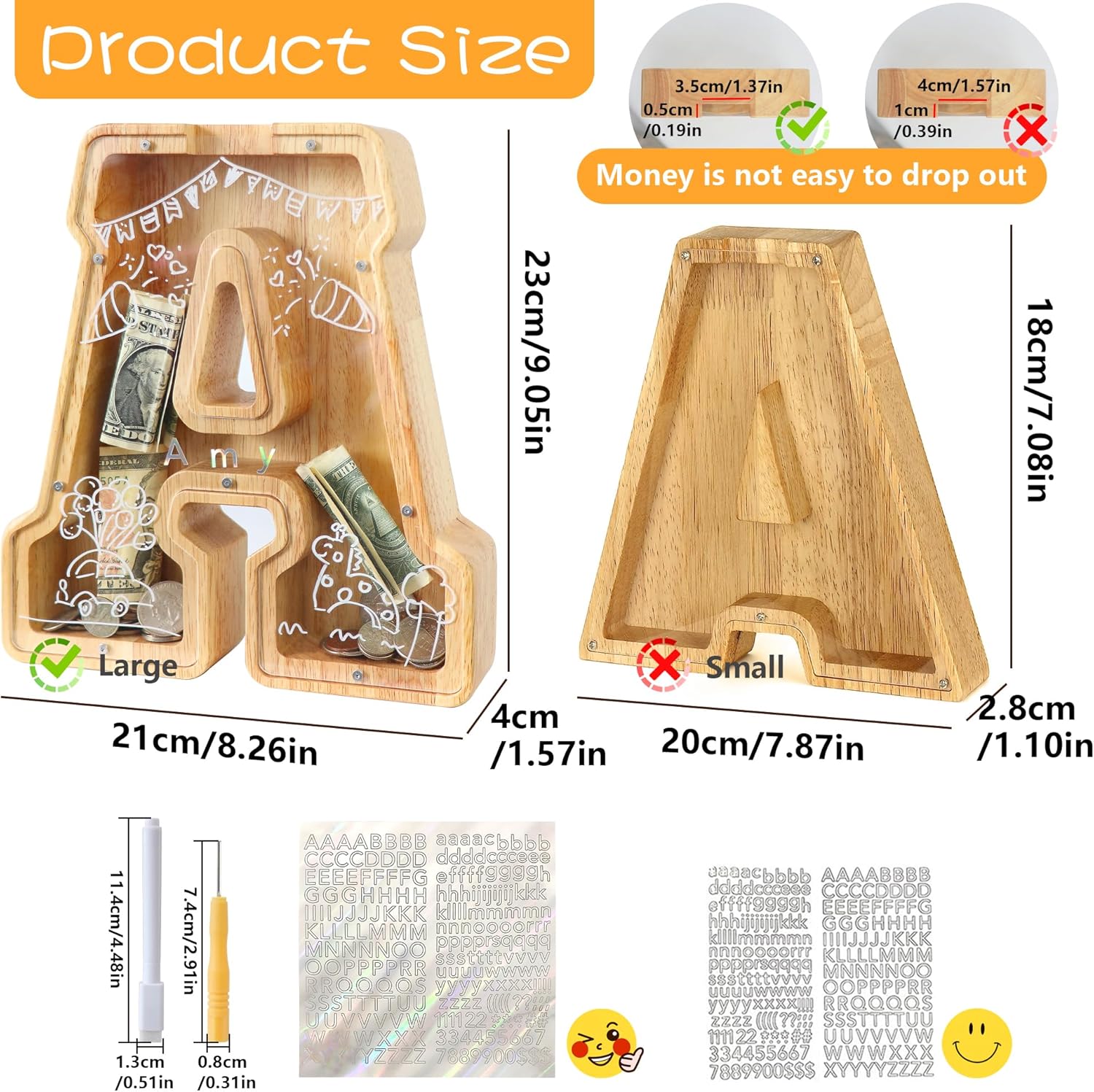 weallbuy Alcancía de madera grande con letras para niños y niñas, alcancías personalizadas de madera de la A a la Z con área objetivo, letras del