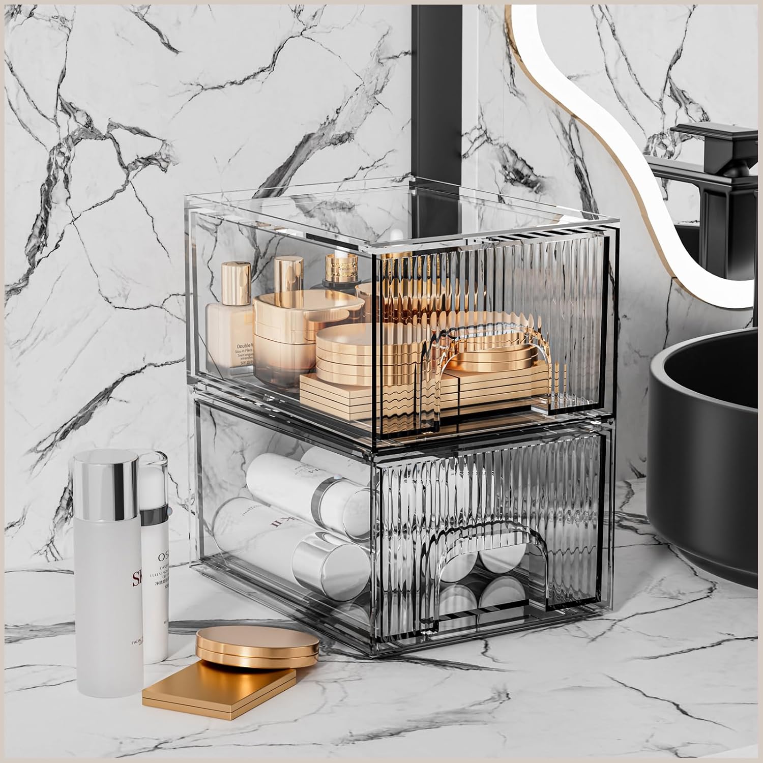 ZHIAI Juego de 2 cajones organizadores de maquillaje apilables a rayas, organizador de baño de plástico, caja de almacenamiento de cosméticos para