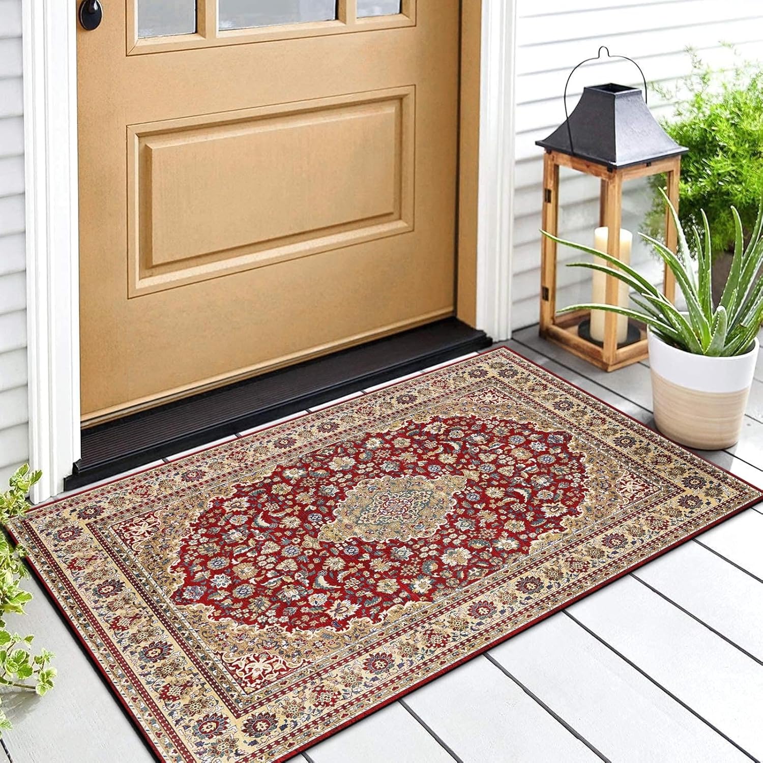 Tapete retro para puerta, 17 x 30 pulgadas, color rojo oscuro, tapete decorativo para el hogar, parte trasera de goma antideslizante y fuerte