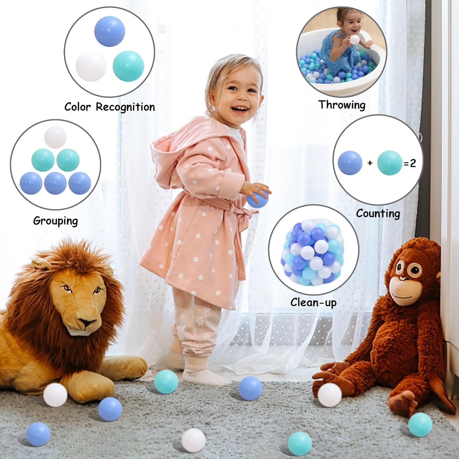 Pelotas para niños pequeños, 100 unidades, pelota de plástico sin BPA para niños y niños, bolas a prueba de aplastamiento de 2.16 pulgadas, juguetes
