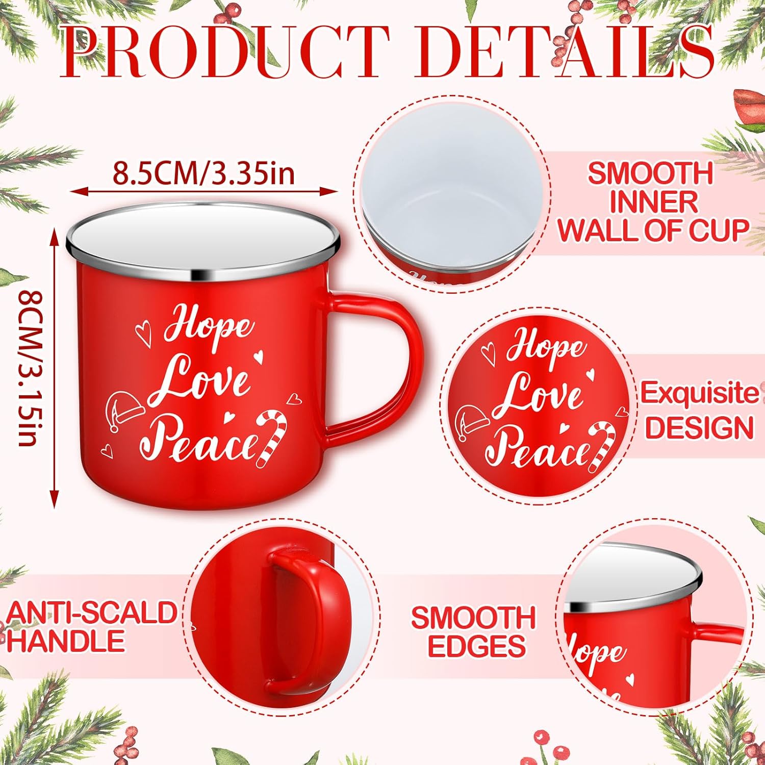 12 tazas de café de Navidad esmaltadas de invierno con citas de 12 onzas, tazas blancas y rojas, divertidas tazas de café de Navidad para mujeres,