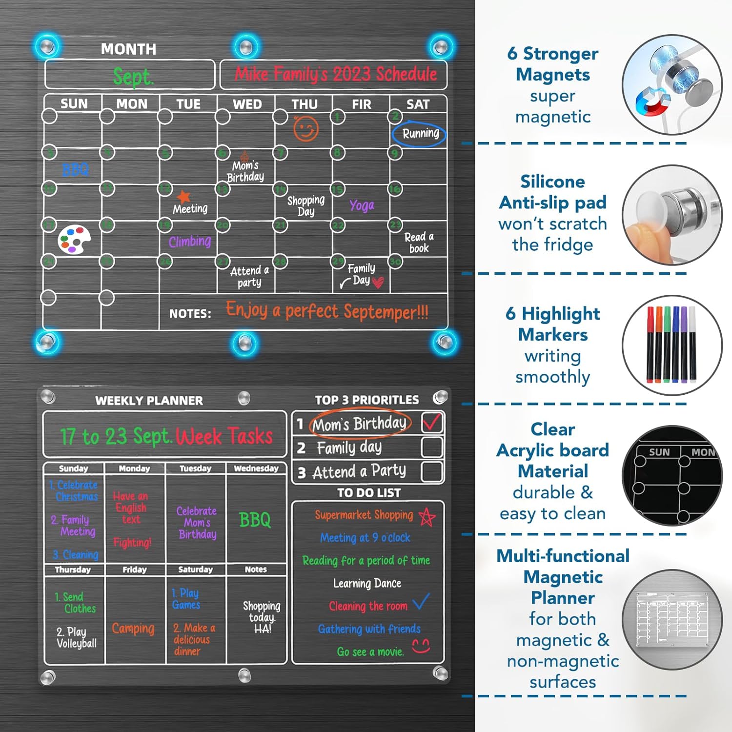 Tablero de calendario magnético acrílico para refrigerador 2 piezas claro mensual y semanal, 16 x 12 pulgadas, calendario de planificación