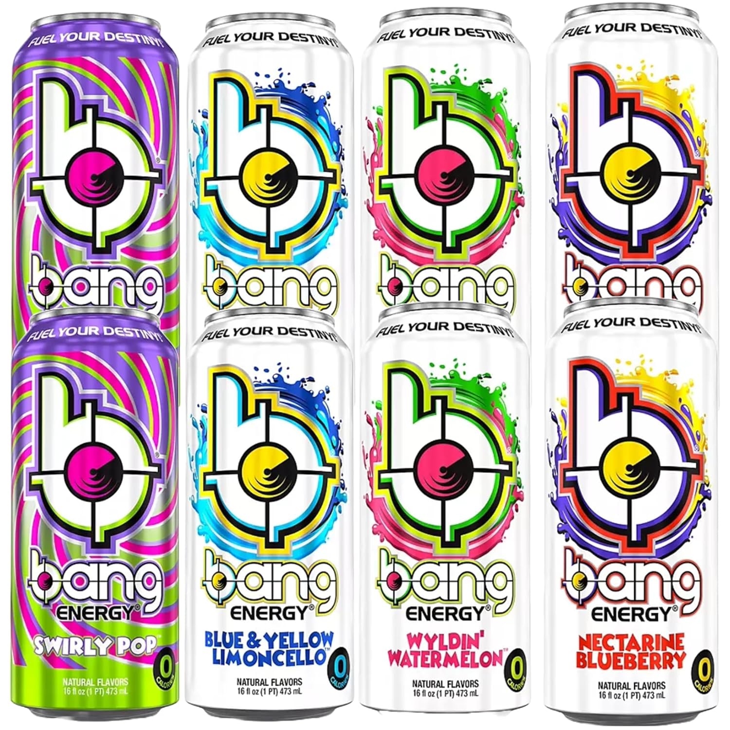 Bang Energy Drinks  Paquete variado rosa de Swirly Pop  Limoncello azul y amarillo  Wyldin Watermelon  Nectarina Blueberry  Cero calorías  Bebidas