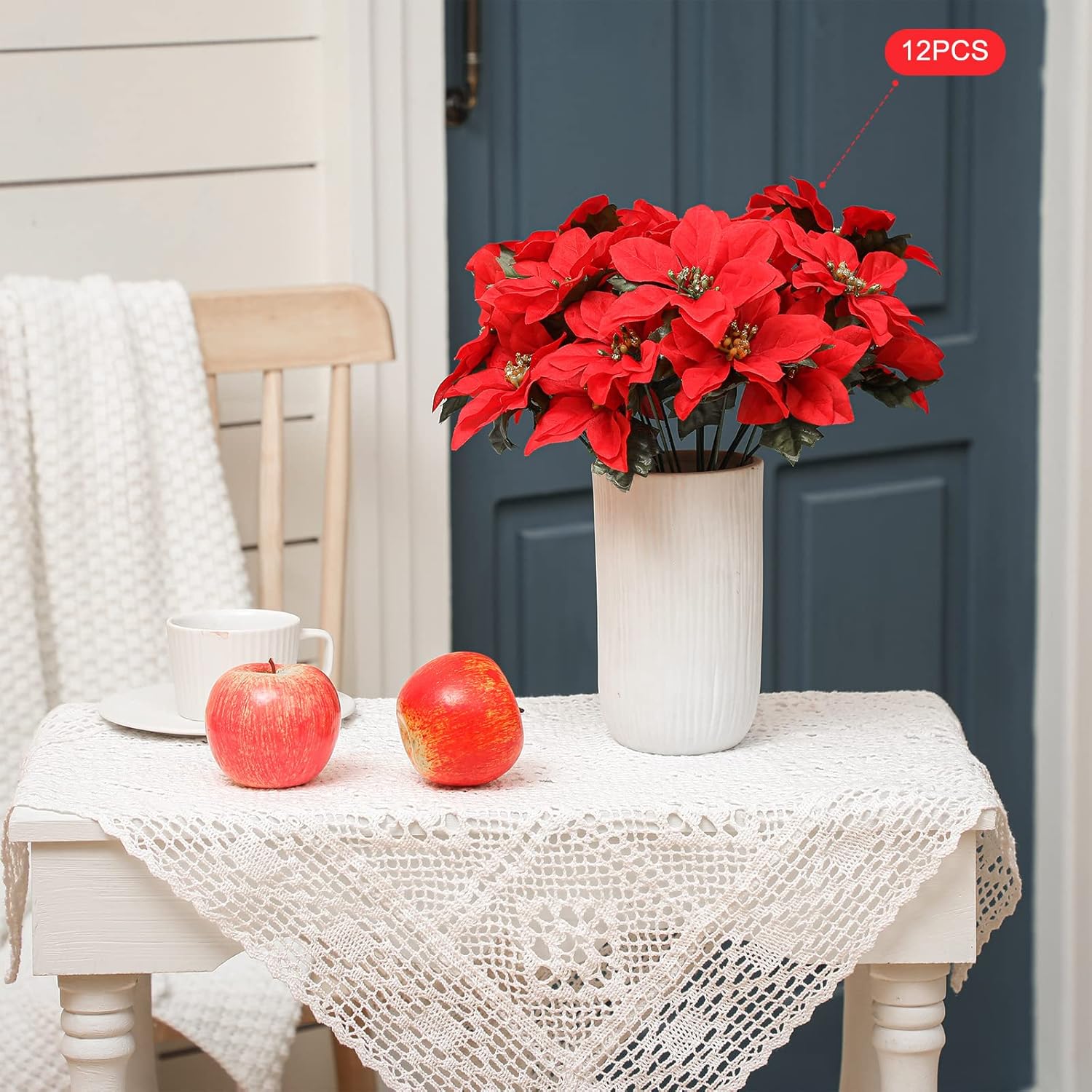 7 cabezas de flores de pascua artificiales de Navidad, ramos de flores de pascua sintéticas, adornos de árbol de Navidad de flor de pascua, adornos