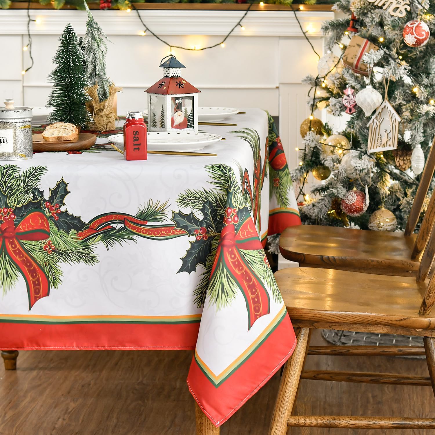 Horaldaily Mantel navideño de 60 x 104 pulgadas, diseño de flor de pascua con cinta dorada lavable, para decoración de fiestas, pícnic, cenas