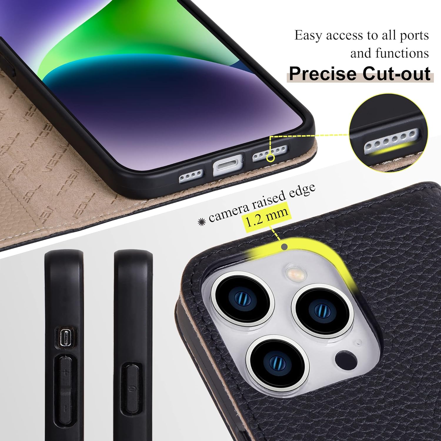 VISOUL Pebbled – Funda de piel auténtica para iPhone 15 Pro Max con soporte para tarjetas, funda magnética con función atril para iPhone 15 Pro Max