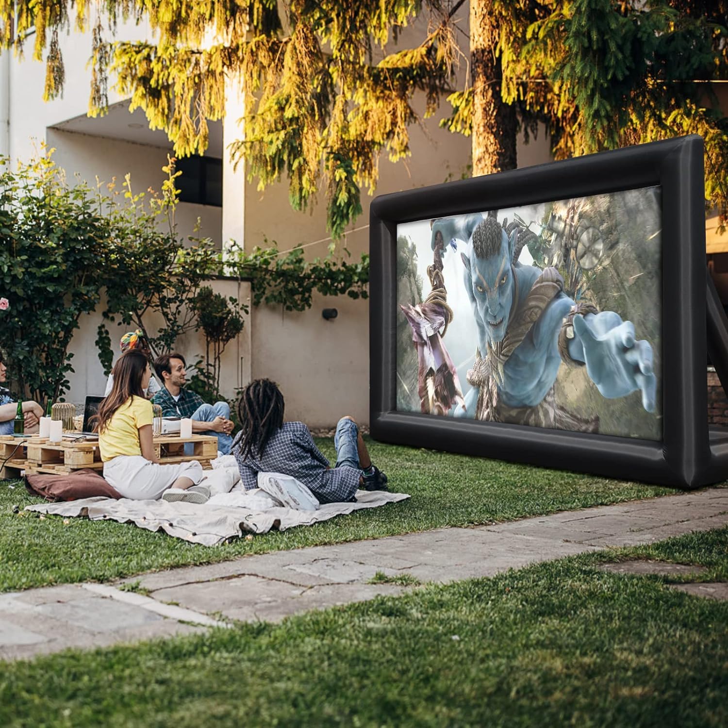 CHEINAUTO – Pantalla de proyector inflable, 20 pies, portátil, para exteriores, proyección frontal y trasera, con cuerda, soplador de aire, clavos