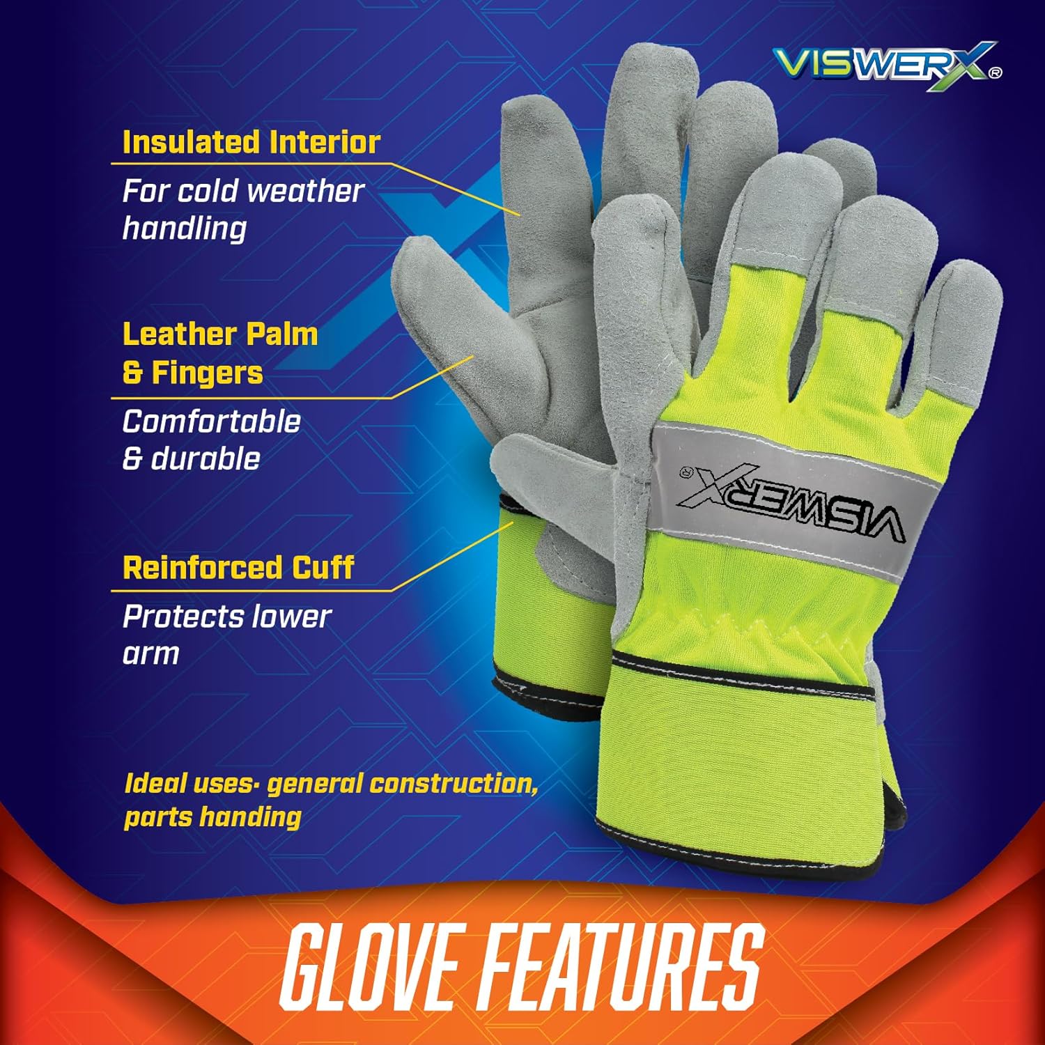 Guante de palma de cuero dividido con forro de alta visibilidad, interior aislado y puño reforzado, guantes de trabajo resistentes, guantes de