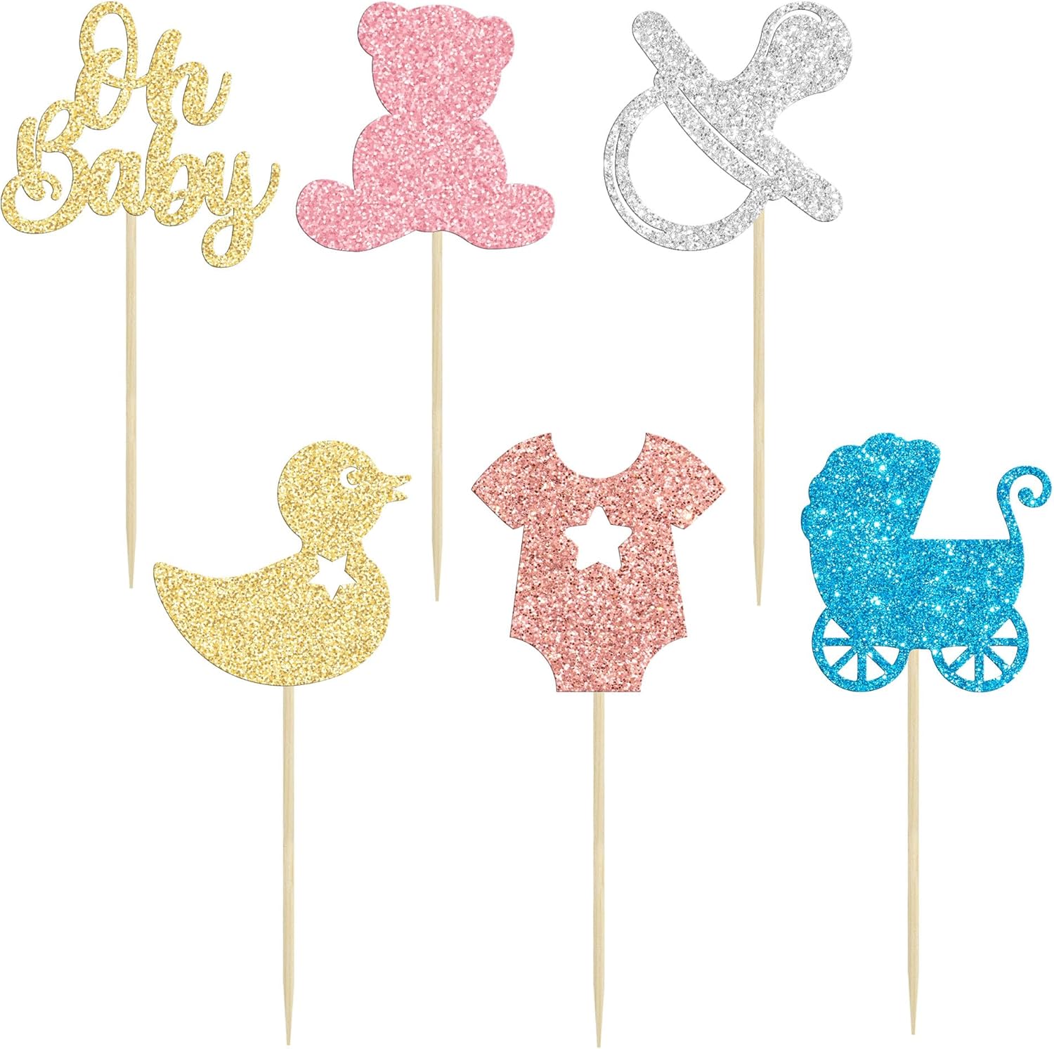 Gyufise 36 piezas de decoración para cupcakes con purpurina para baby shower, chupete de oso, carro, revelación de género, decoración de pasteles