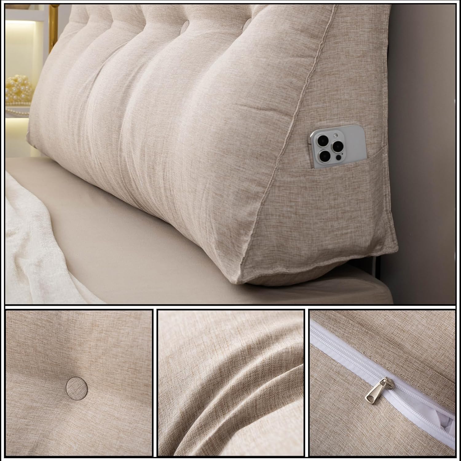 Almohada triangular de lino y algodón, almohada extraíble para cabecero, litera, soporte de posicionamiento del respaldo, cojín de descanso para