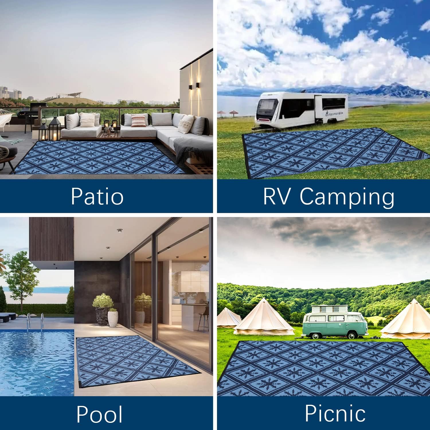 Alfombra impermeable para exteriores, 9 x 12 pies, portátil, ligera, de plástico, para patio, campamento