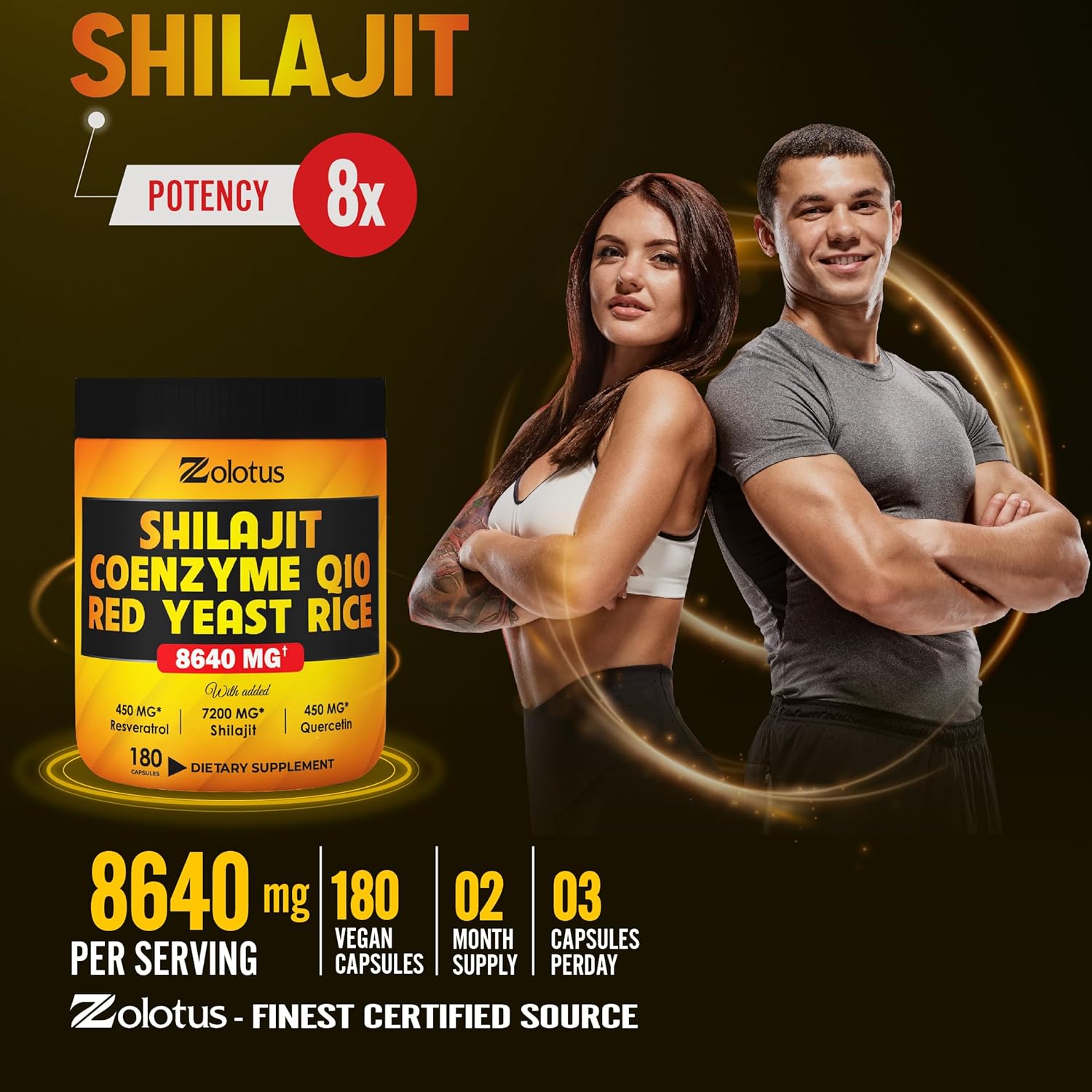 Zolotus Suplemento Shilajit 7 en 1 + arroz de levadura roja, cápsulas de coenzima Q10, equivalente a 8640 mg, con quercetina, resveratrol, vitamina